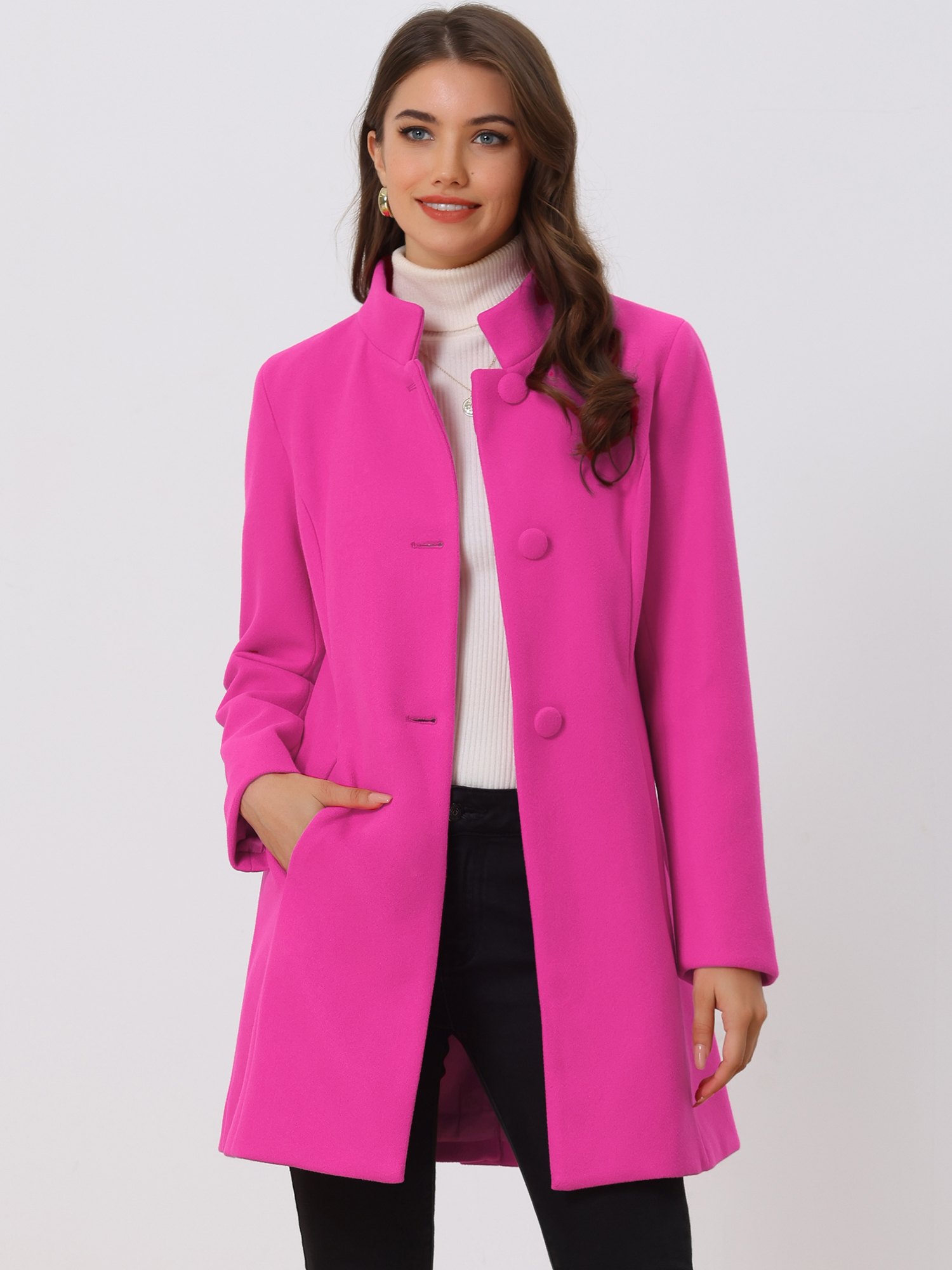 Stand Collar Single Breasted Solid Color Pea Coat Hot Pink/L