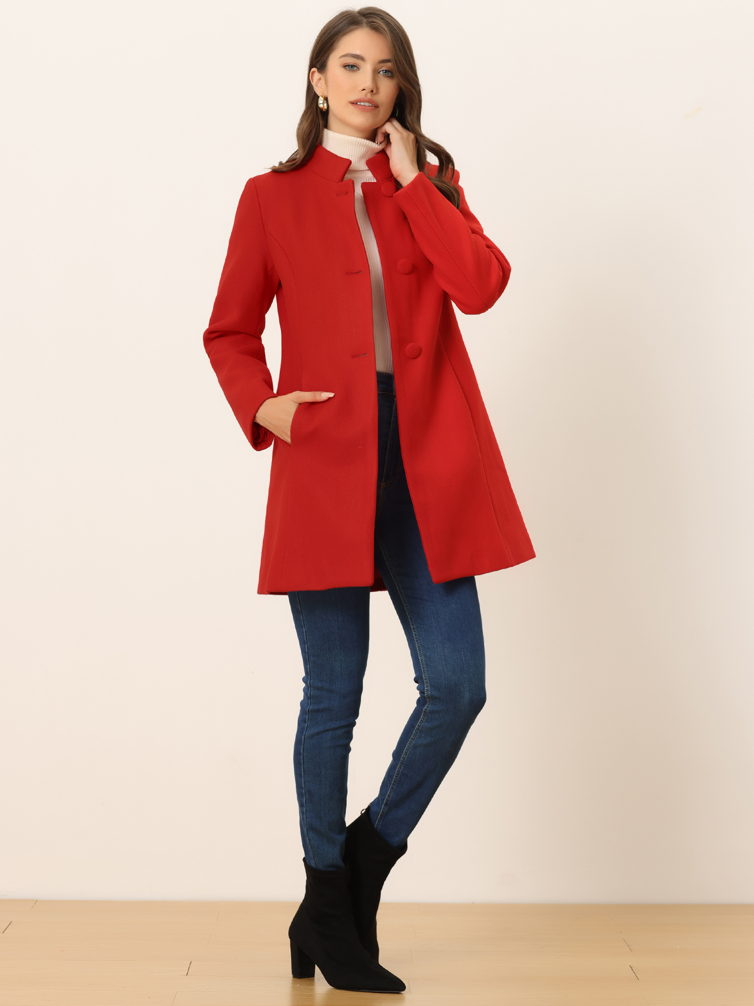 Stand Collar Single Breasted Solid Color Pea Coat Bright Red/XS