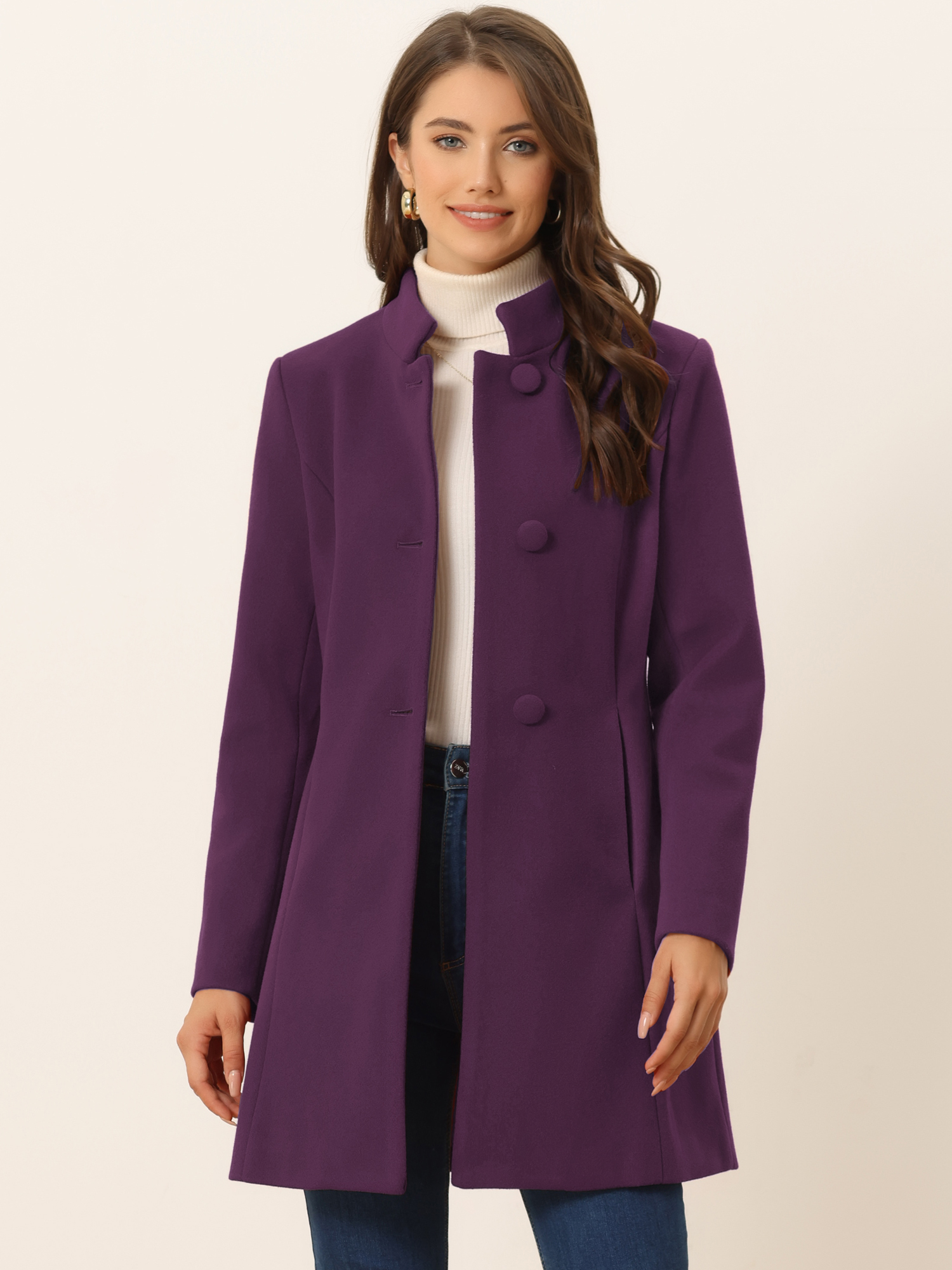 Stand Collar Single Breasted Solid Color Pea Coat Deep Purple/S