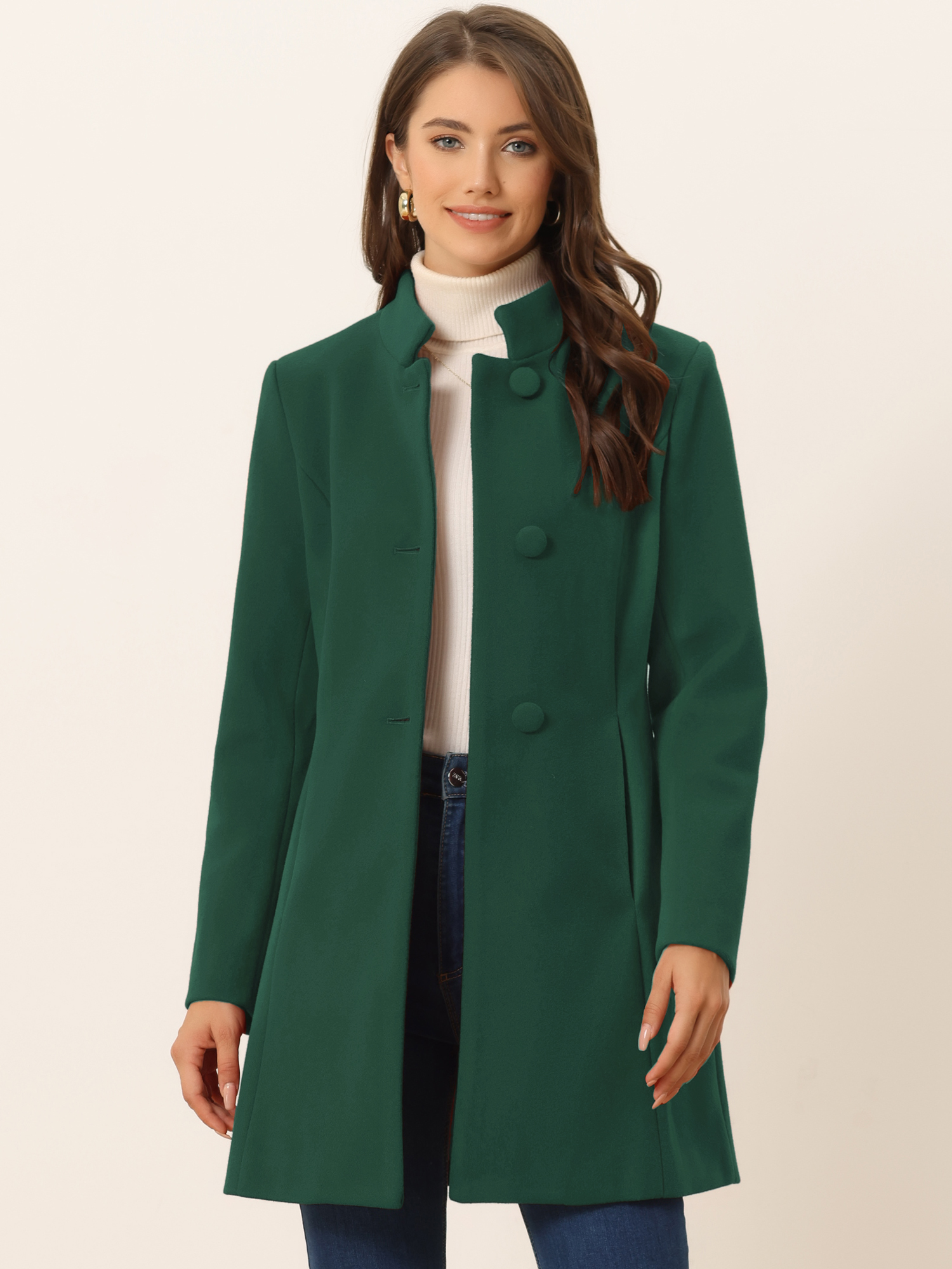 Stand Collar Single Breasted Solid Color Pea Coat Deep Green/S