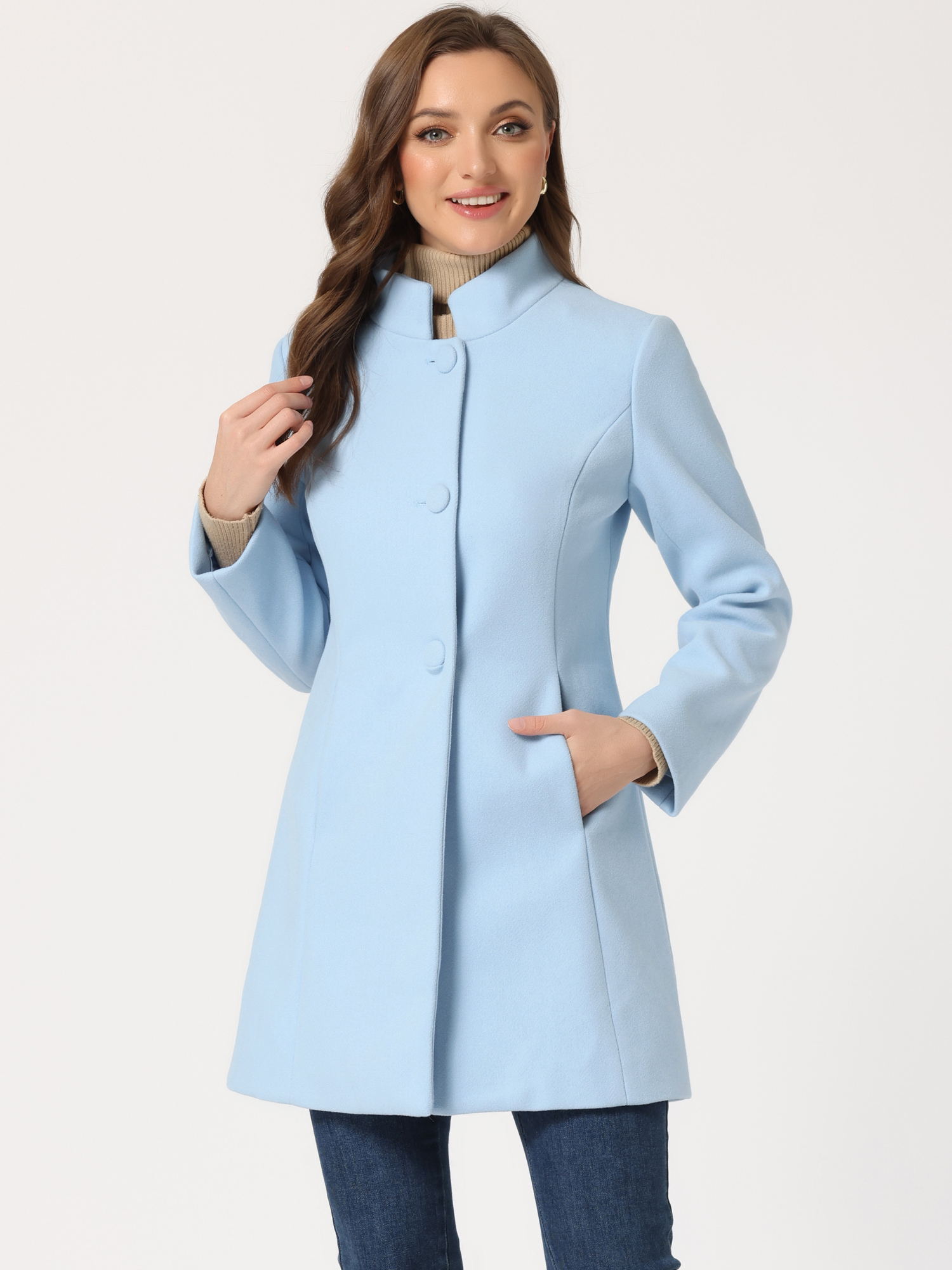 Stand Collar Single Breasted Solid Color Pea Coat Light Blue/S