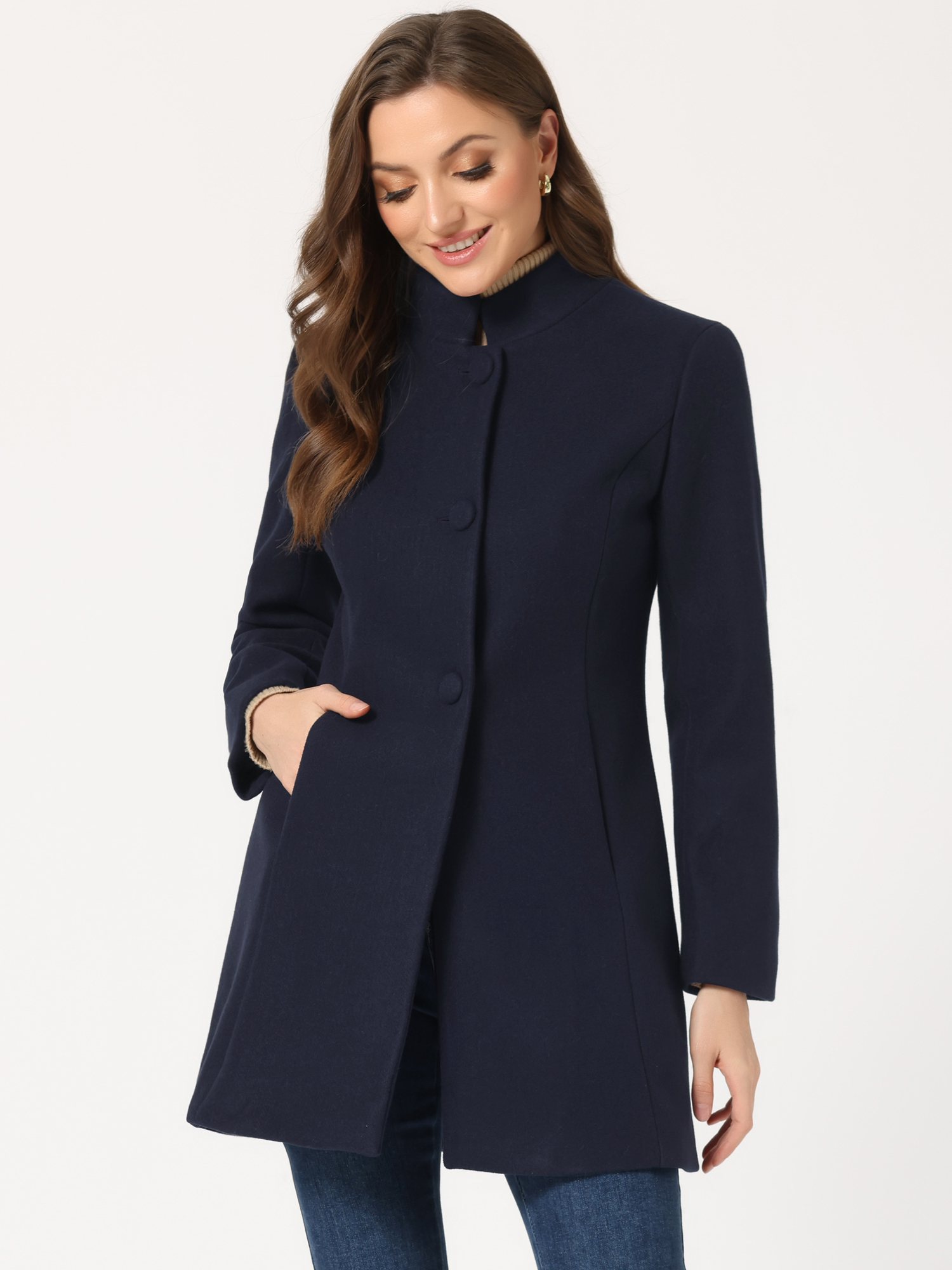 Stand Collar Single Breasted Solid Color Pea Coat Navy Blue/S