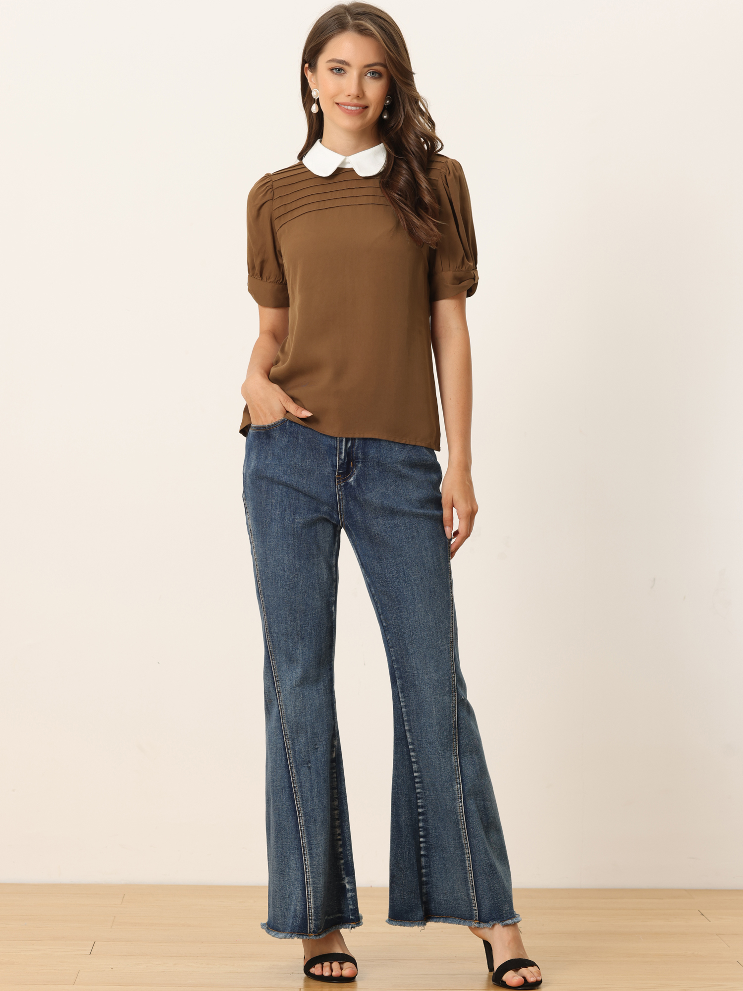 Pleated Contrast Peter Pan Collar Puff Short Sleeve Blouse Dark Brown/M