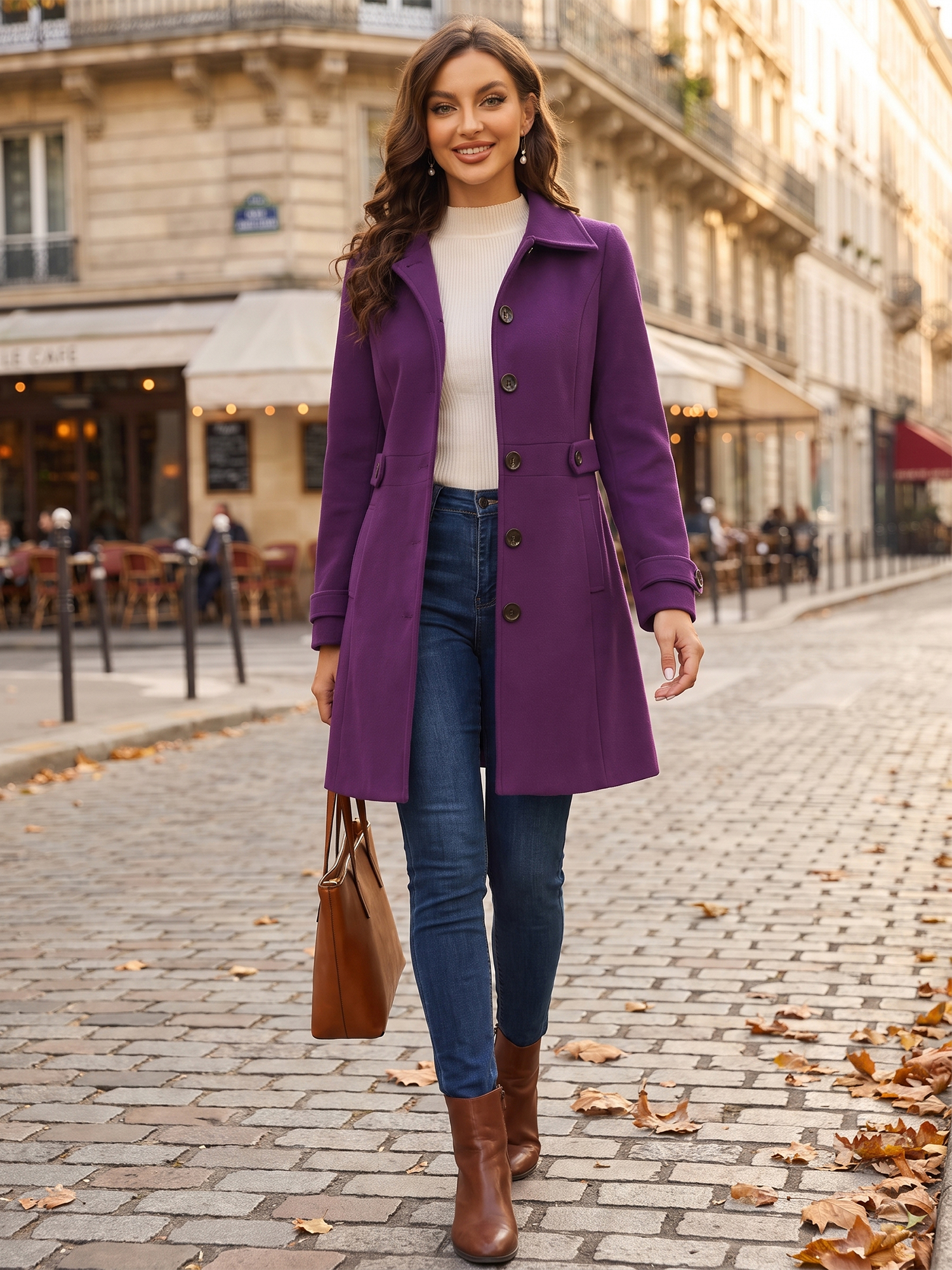 Winter Classic Outwear Overcoat with Pockets Single Breasted Coat Purple/L