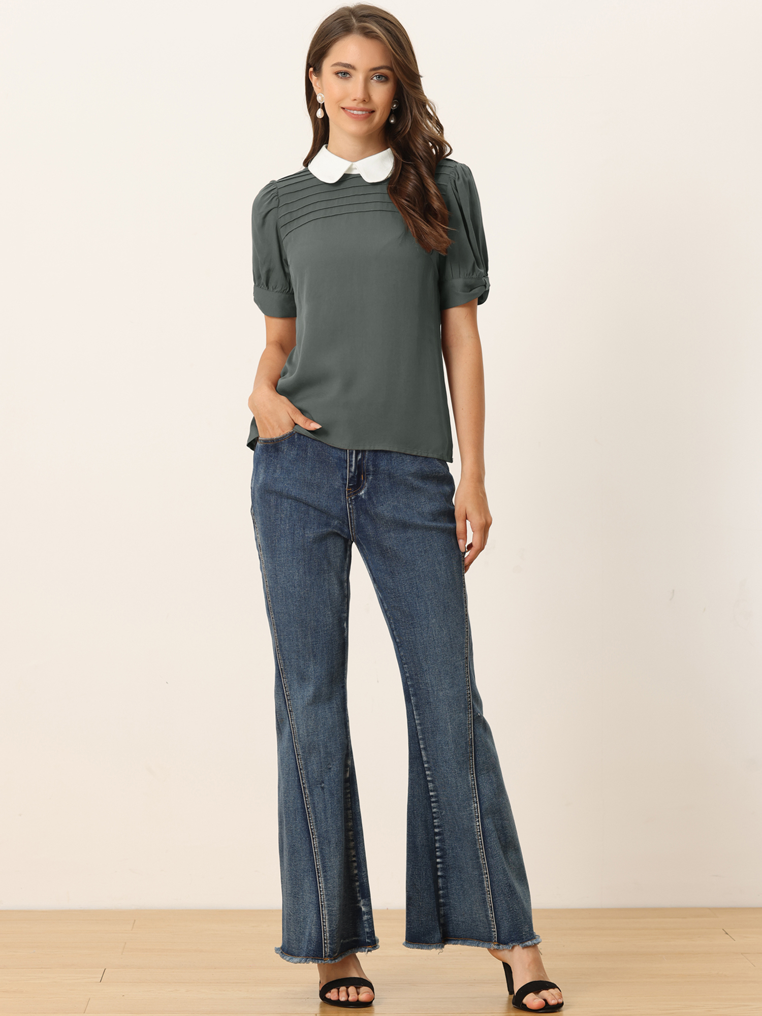 Pleated Contrast Peter Pan Collar Puff Short Sleeve Blouse Grey/L