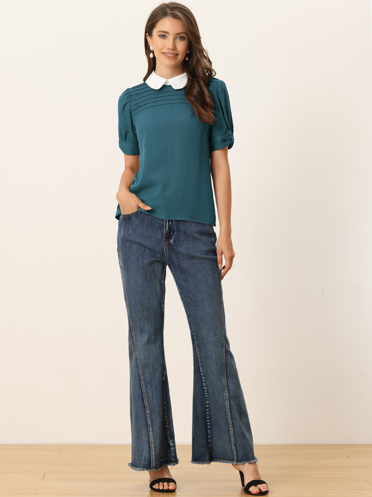 Pleated Contrast Peter Pan Collar Puff Short Sleeve Blouse Lake Blue/S