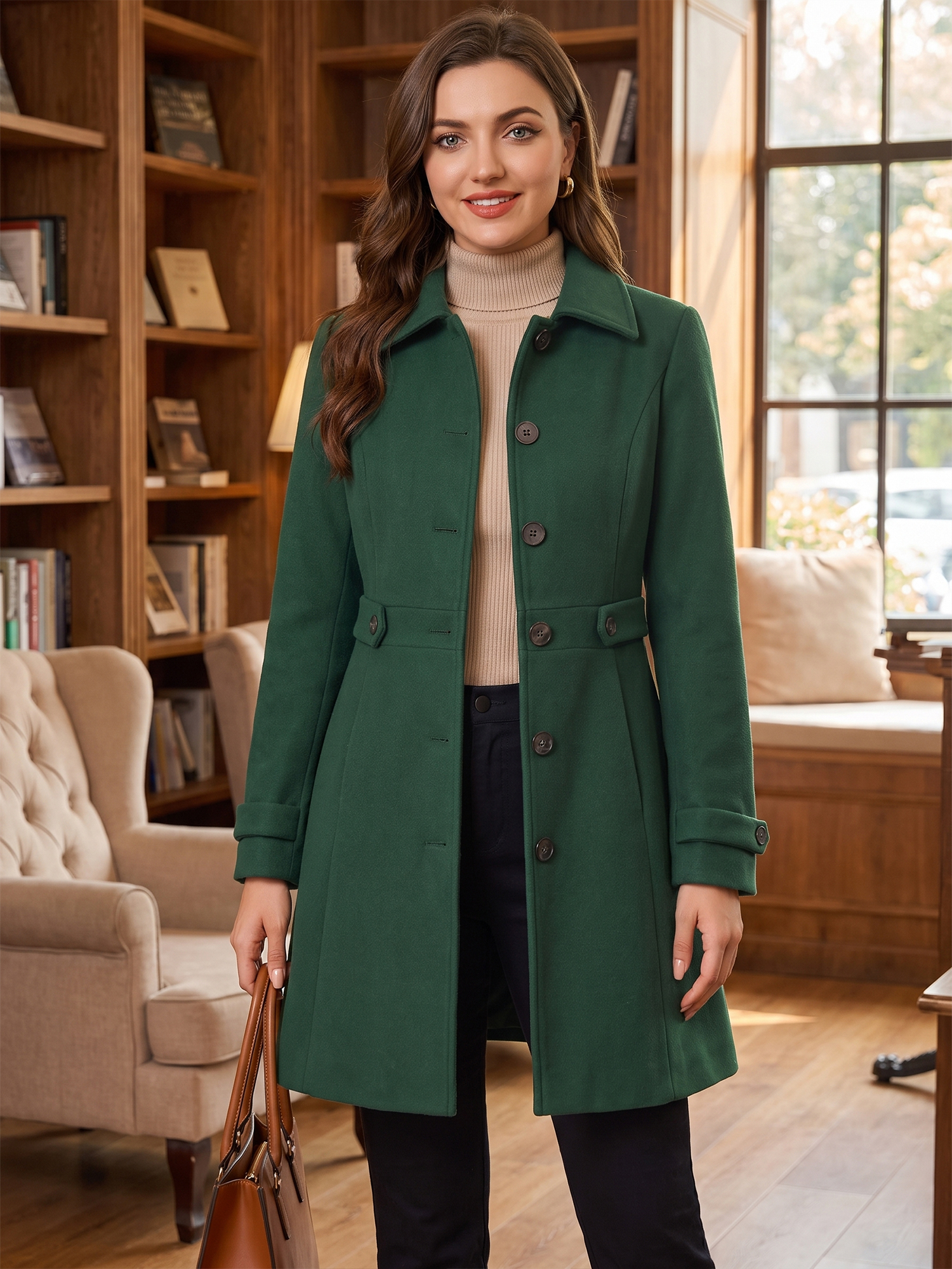 Winter Classic Outwear Overcoat with Pockets Single Breasted Coat Green/L