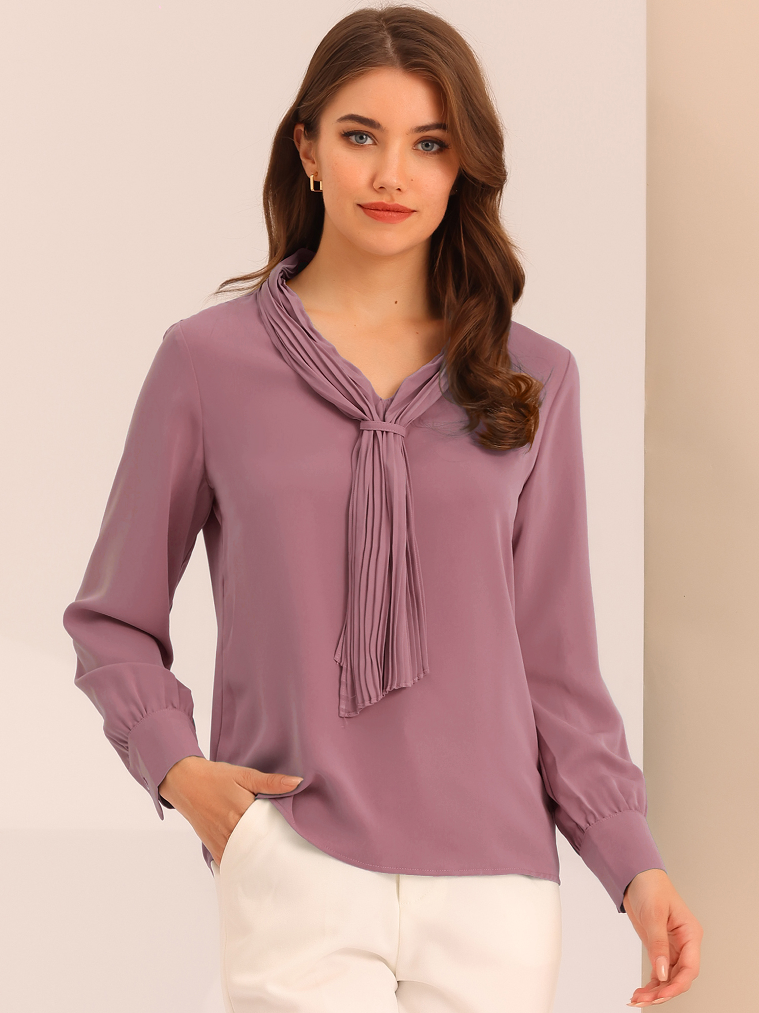 Long Sleeve Chiffon Pleated Tie Neck Office Blouse Mauve/XS
