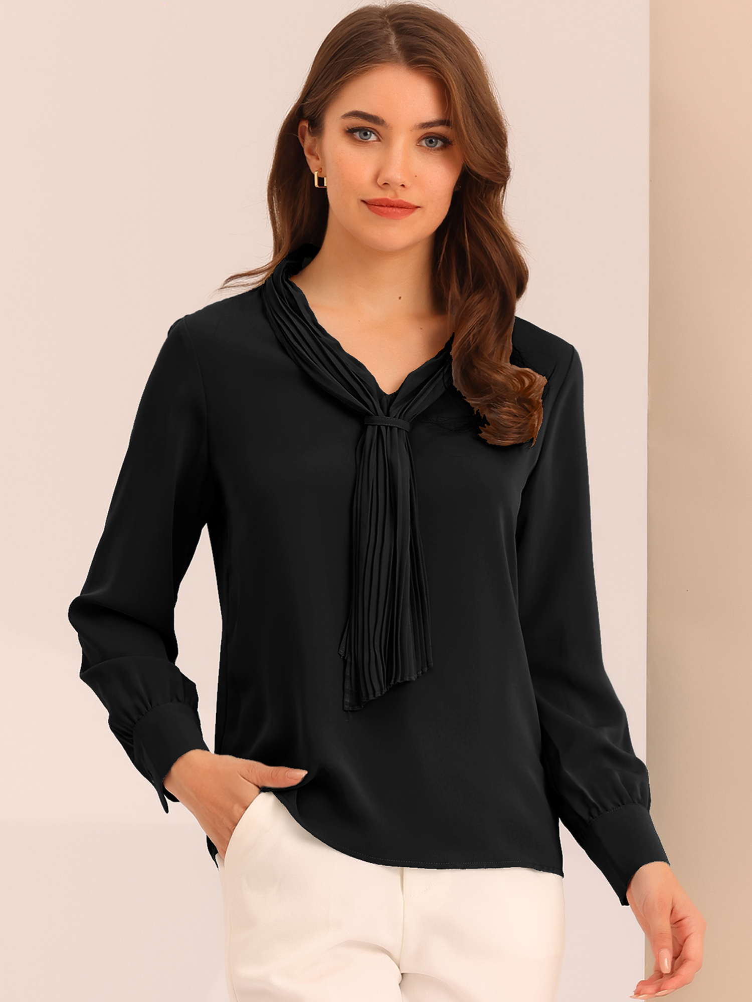 Long Sleeve Chiffon Pleated Tie Neck Office Blouse Black/M