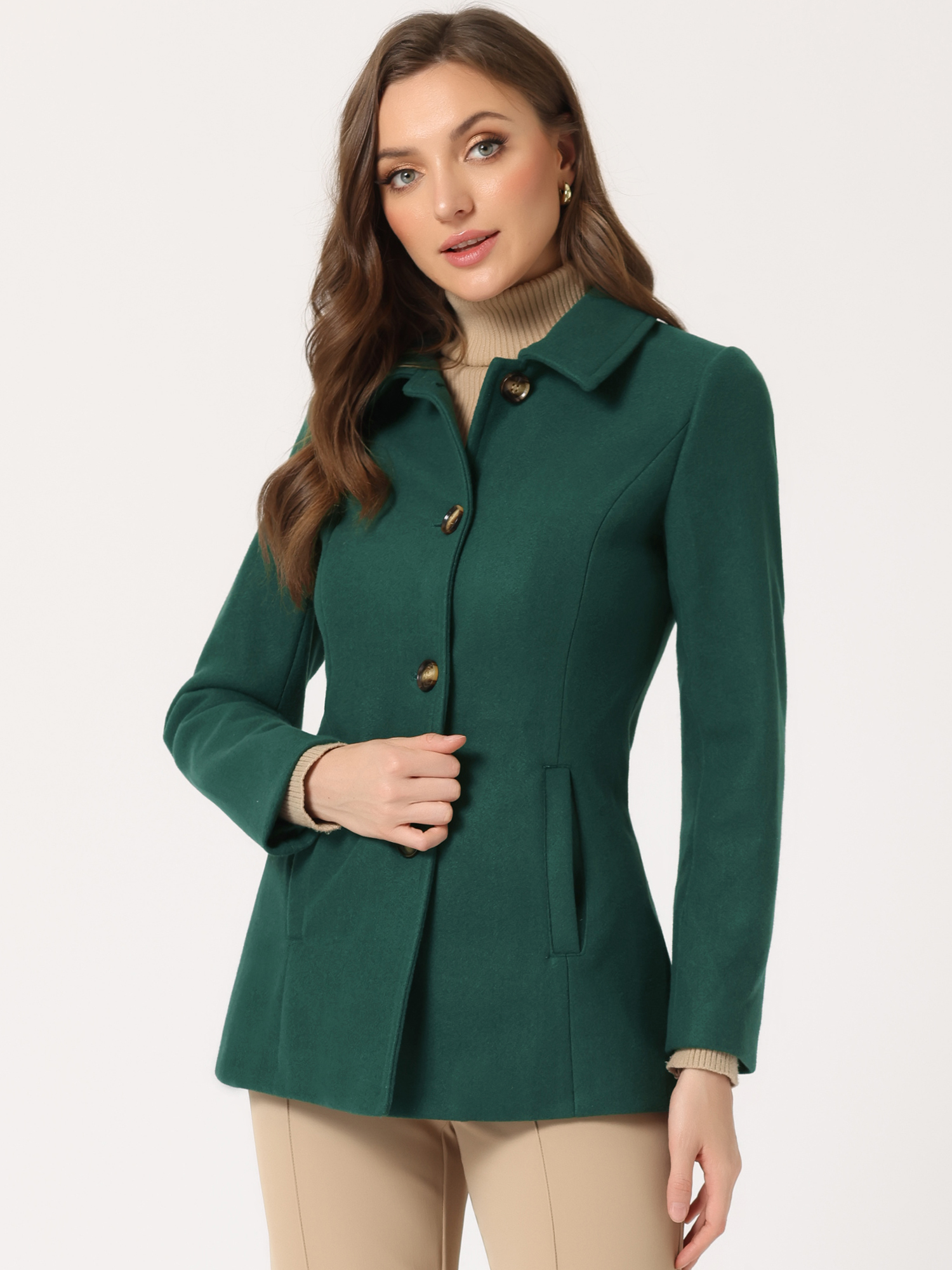 Work Office Winter Overcoat Single Breasted Point Collar Pea Coat Dark Green/M