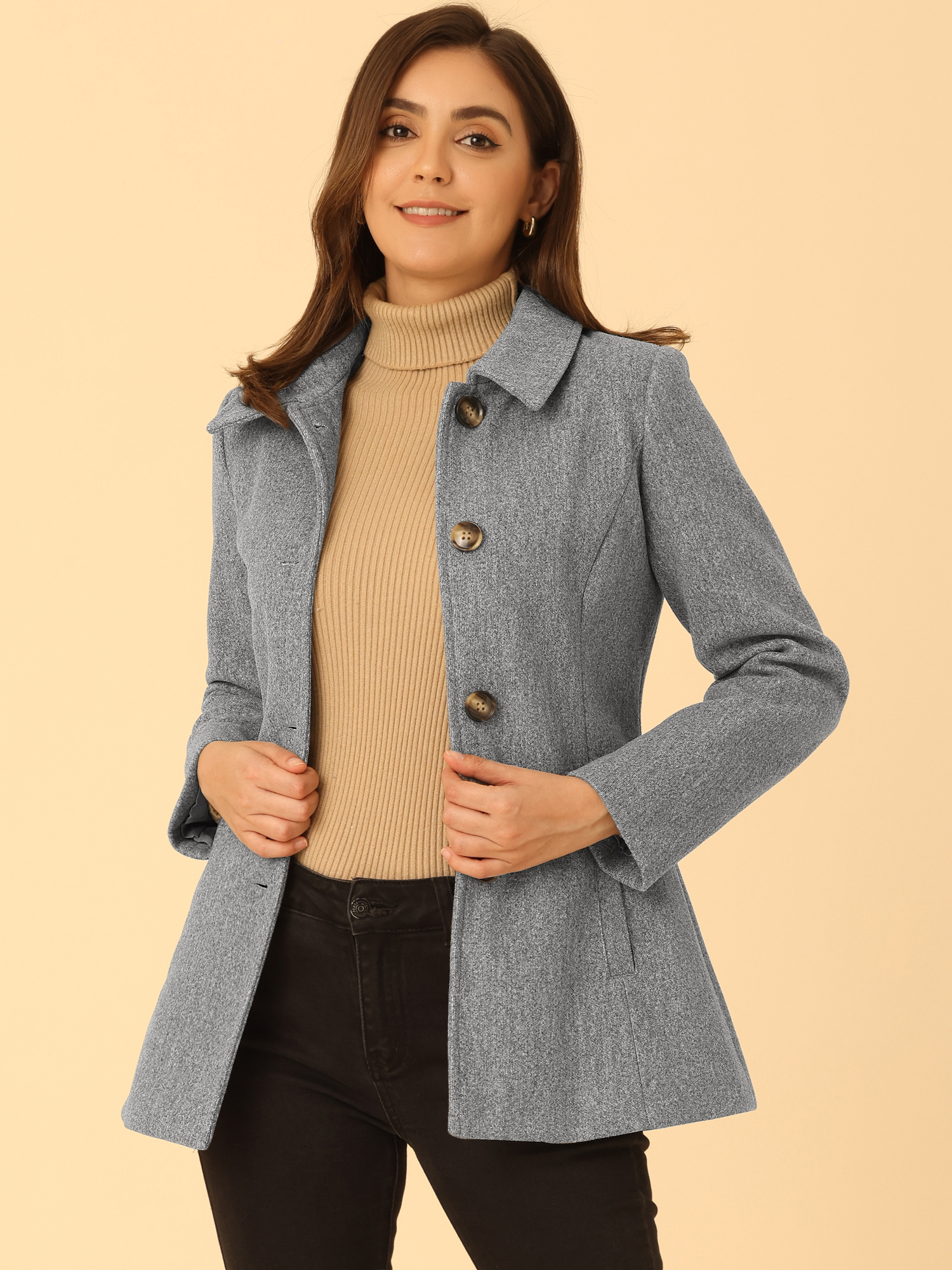 Work Office Winter Overcoat Single Breasted Point Collar Pea Coat Grey/XL