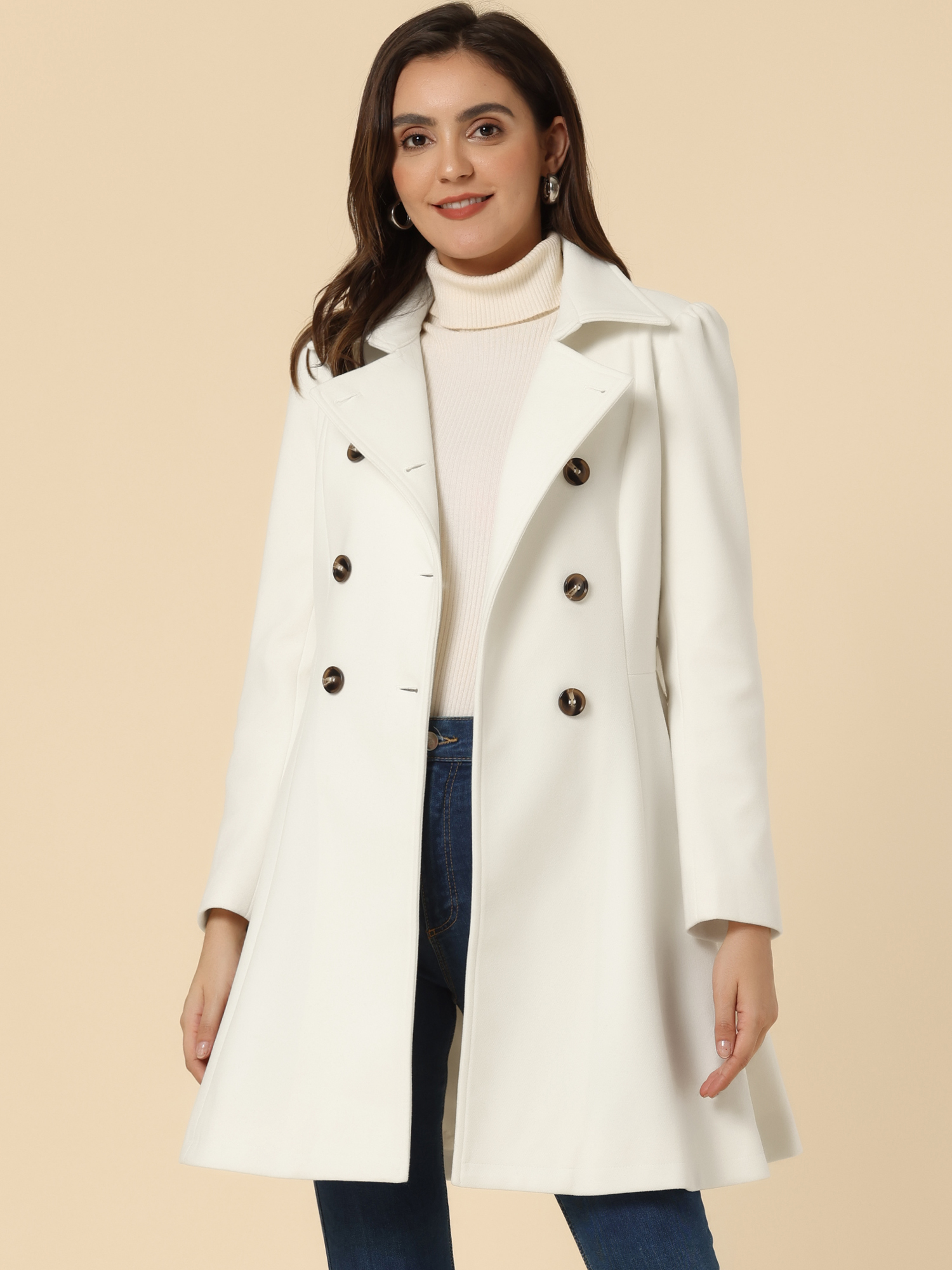 Winter Overcoat Turn Down Collar Belted Double Breasted Long Coat White/XS