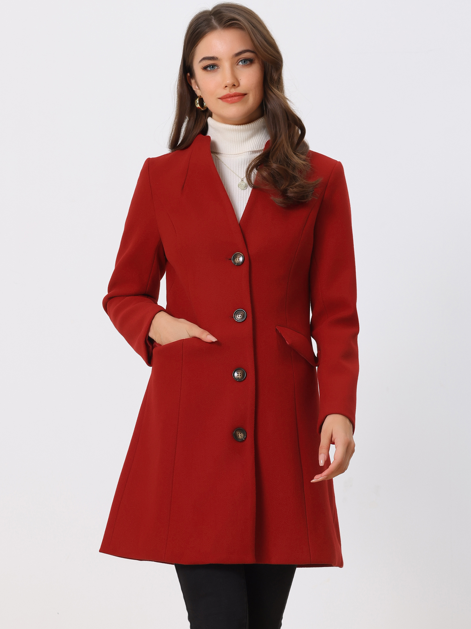 Elegant Winter Overcoat V Neck Single Breasted Long Coat Dark Red/XS
