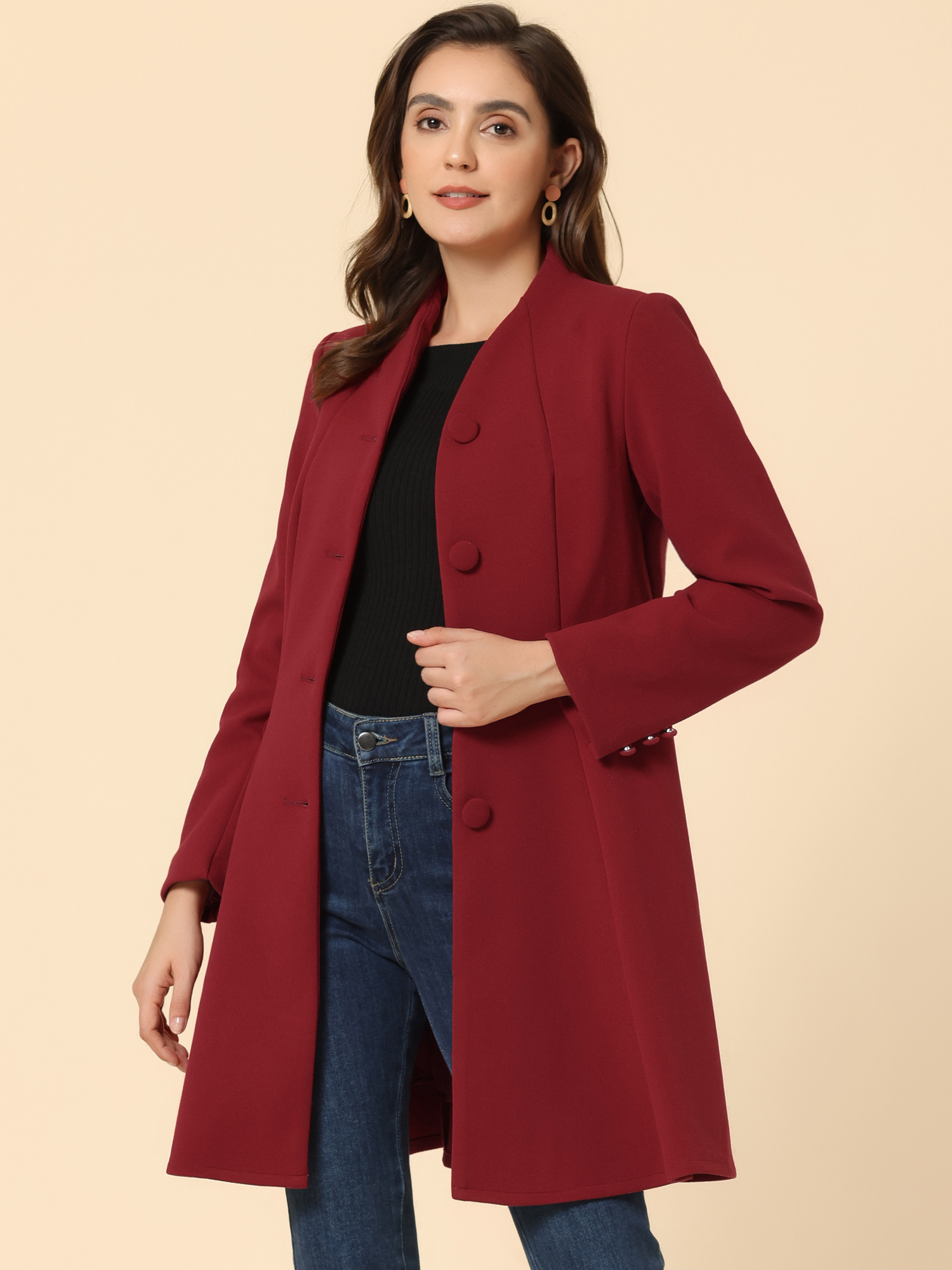 Single Breasted Long Sleeve Mid-Long Winter A Line Pea Coat Dark Red/L