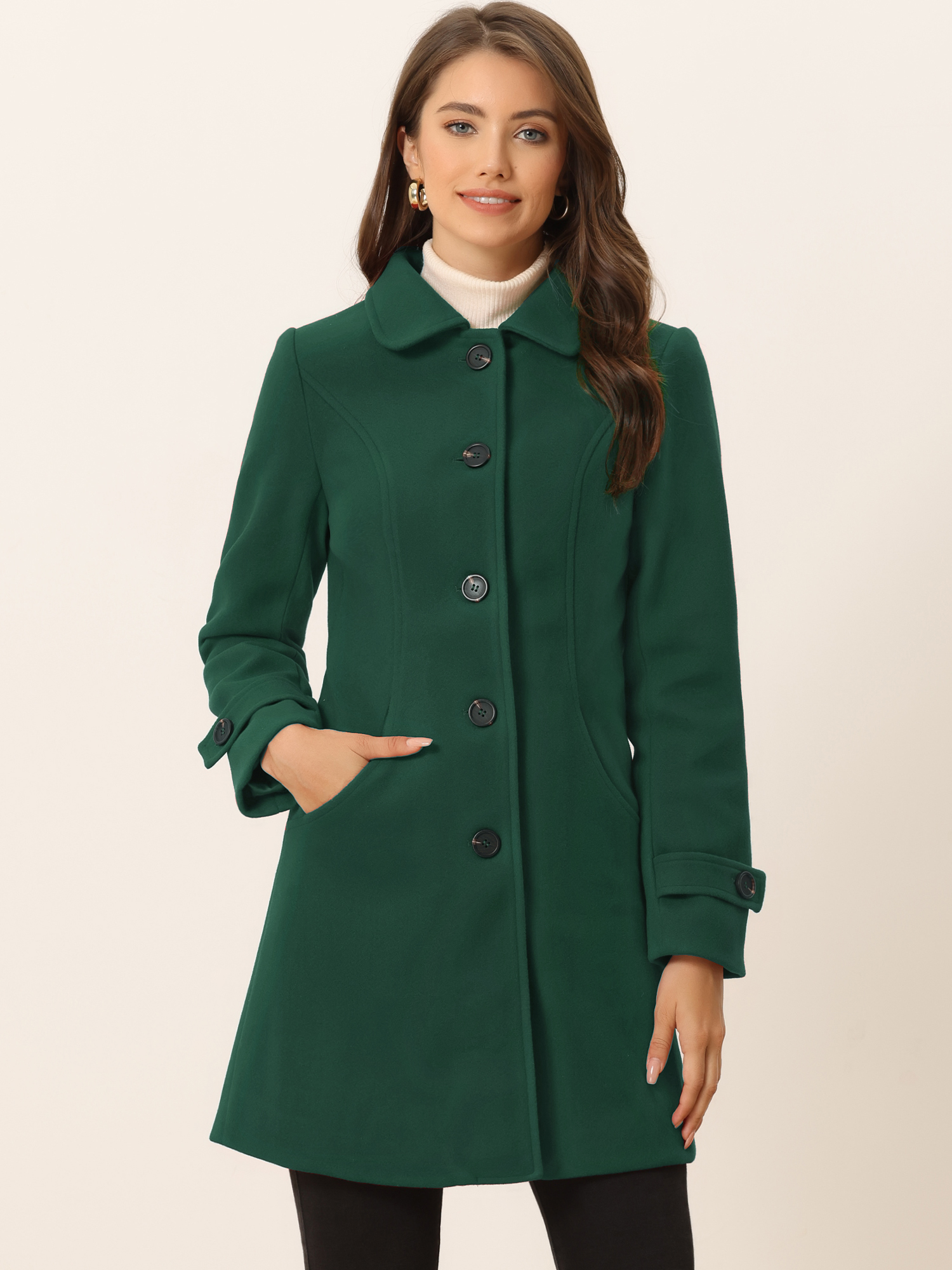 Winter Peter Pan Collar Mid-thigh A-line Single Breasted Pea Coat Dark Green/M