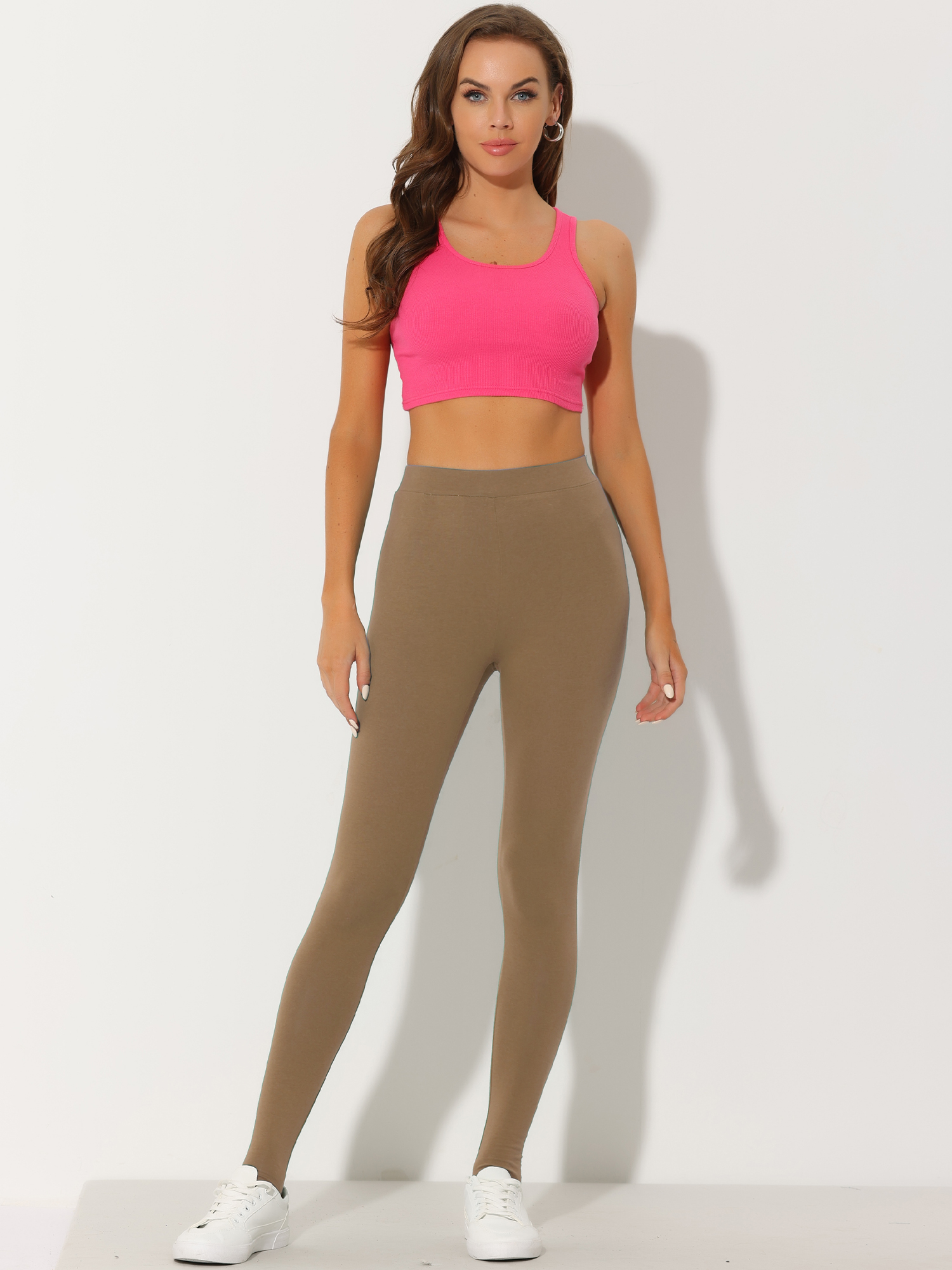 Elastic Waistband Gym Yoga Soft Cotton Stirrup Leggings Khaki/S