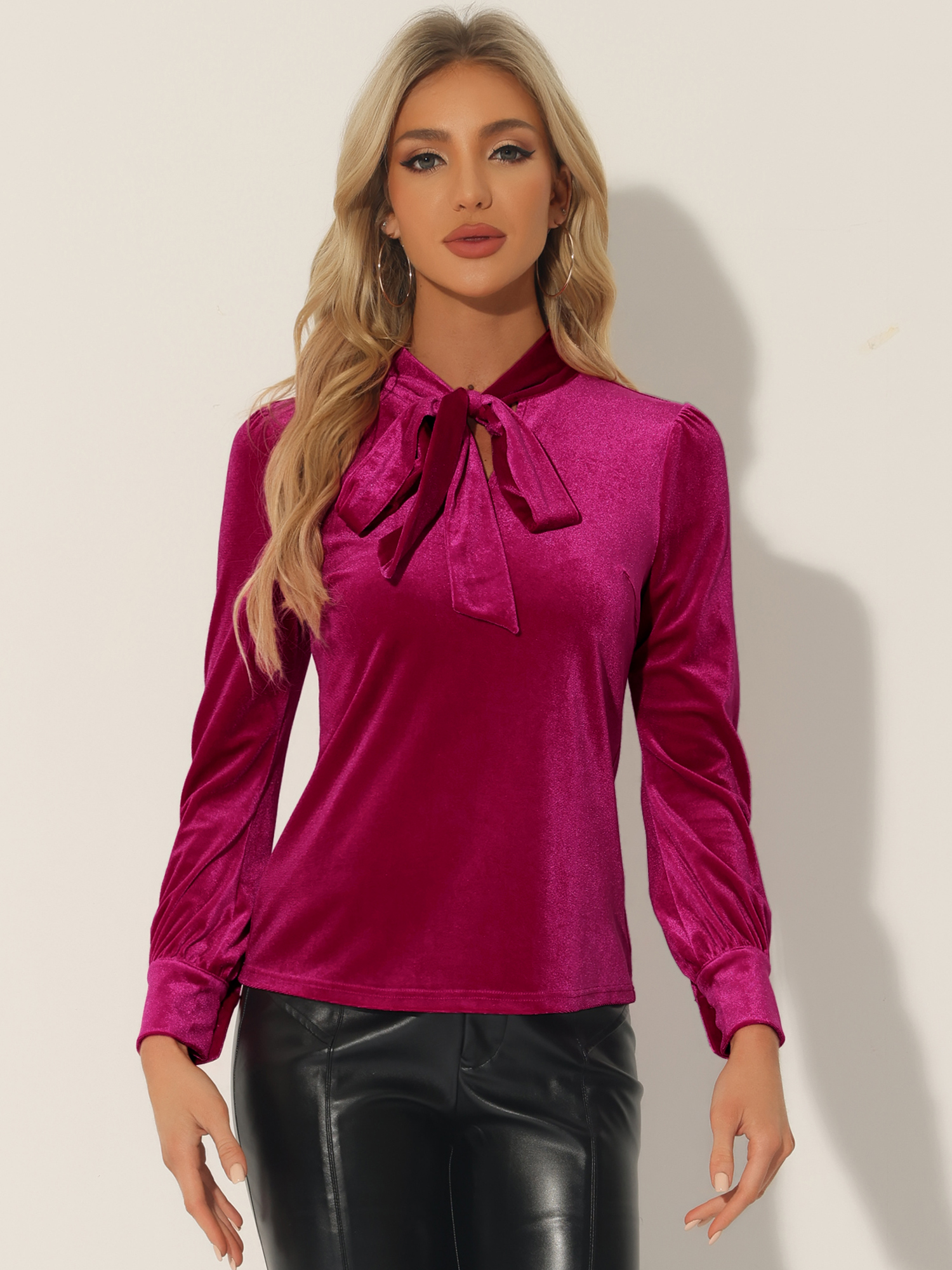 Vintage Gothic Velvet Dressy Bow Tie Neck Business Work Shirt Hot Pink/XL