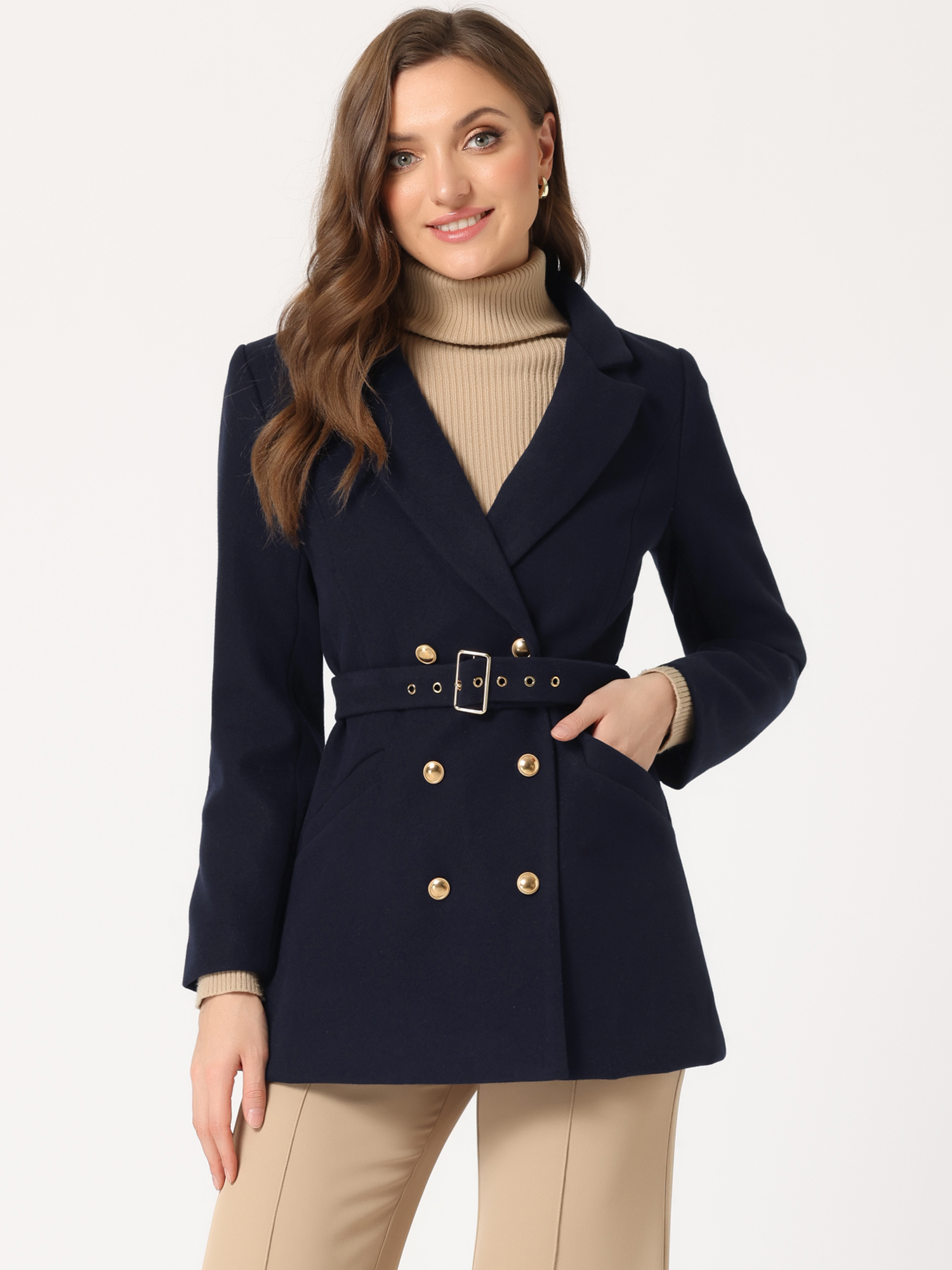 Double Breasted Coat Jacket Work Office Winter Lapel Blazer Dark Blue/S