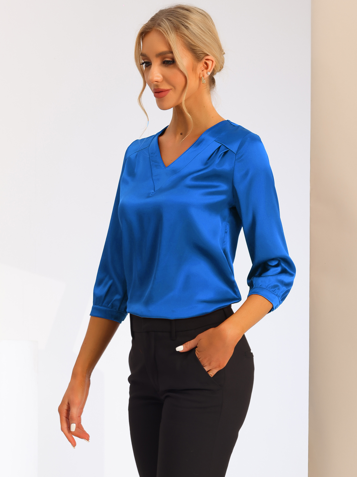 Casual Office Blouse 3/4 Sleeve V Neck Satin Shirt Royal Blue/L