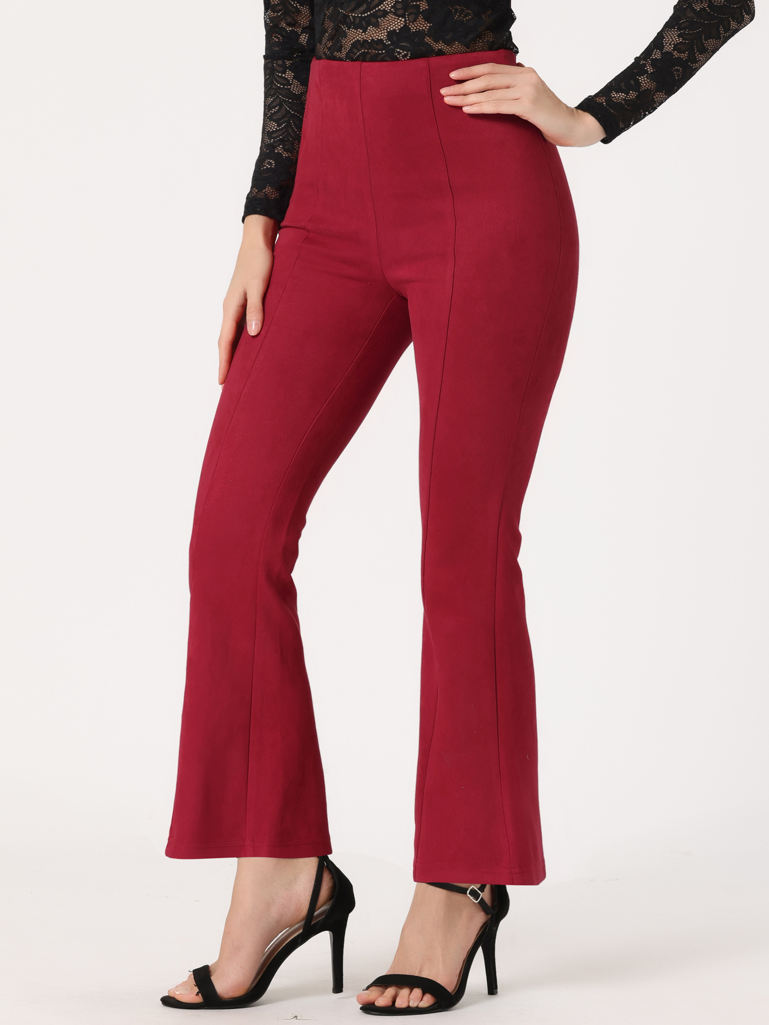 Faux Suede Wide Leg Casual Business Flared Bell Pants Red/XS