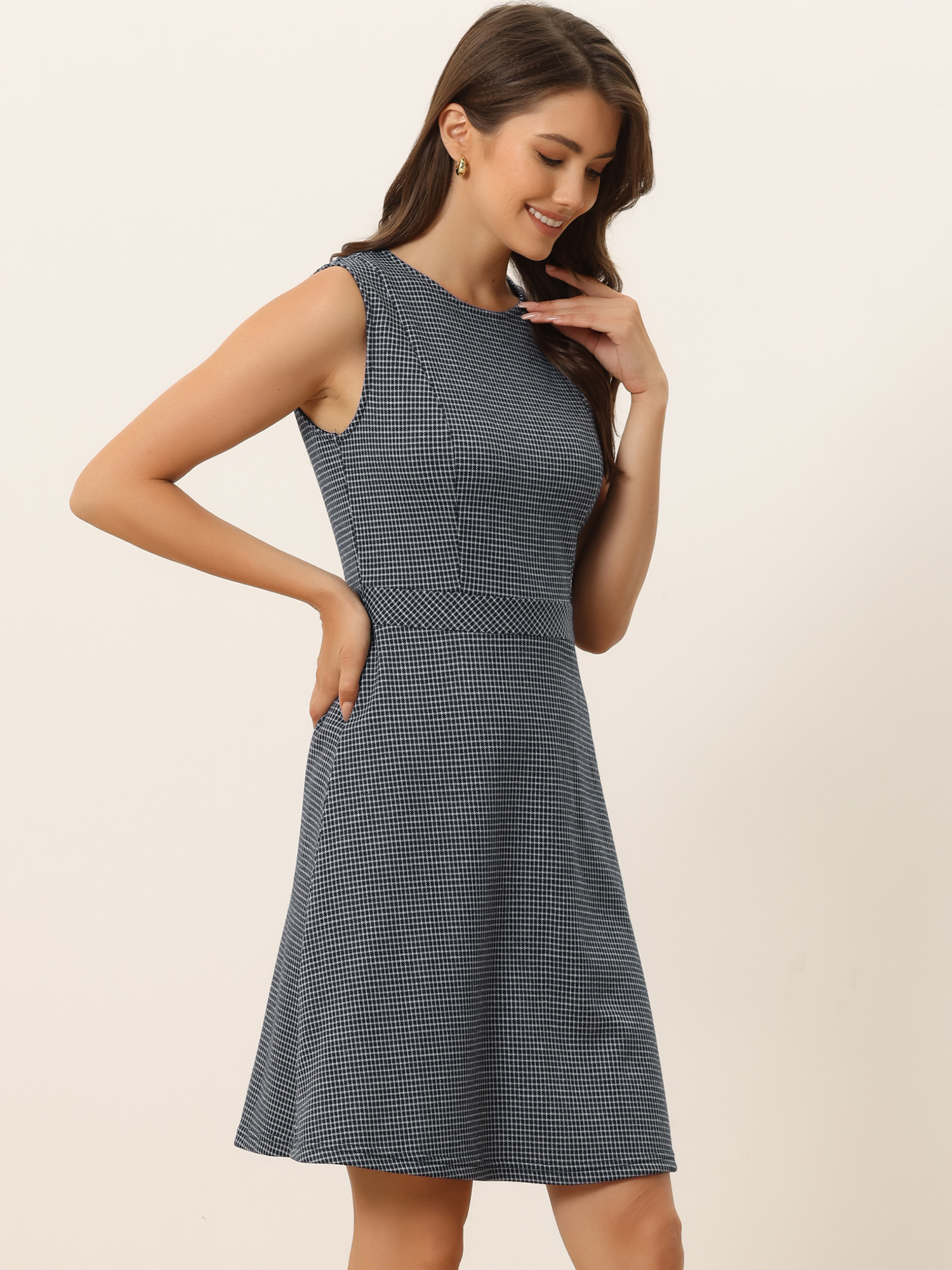 Plaid Sleeveless Fit and Flare Houndstooth Work Dress Navy Blue/XL