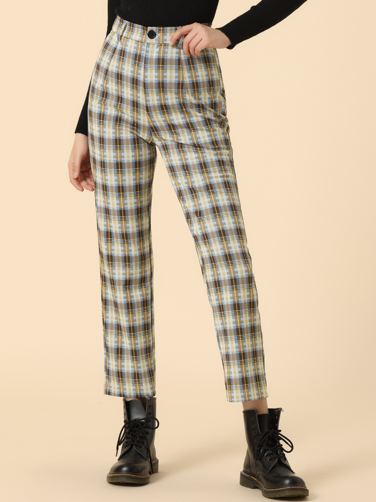 Plaid Cropped Trousers Button Casual Tartan Check Work Pants Blue Brown/XL