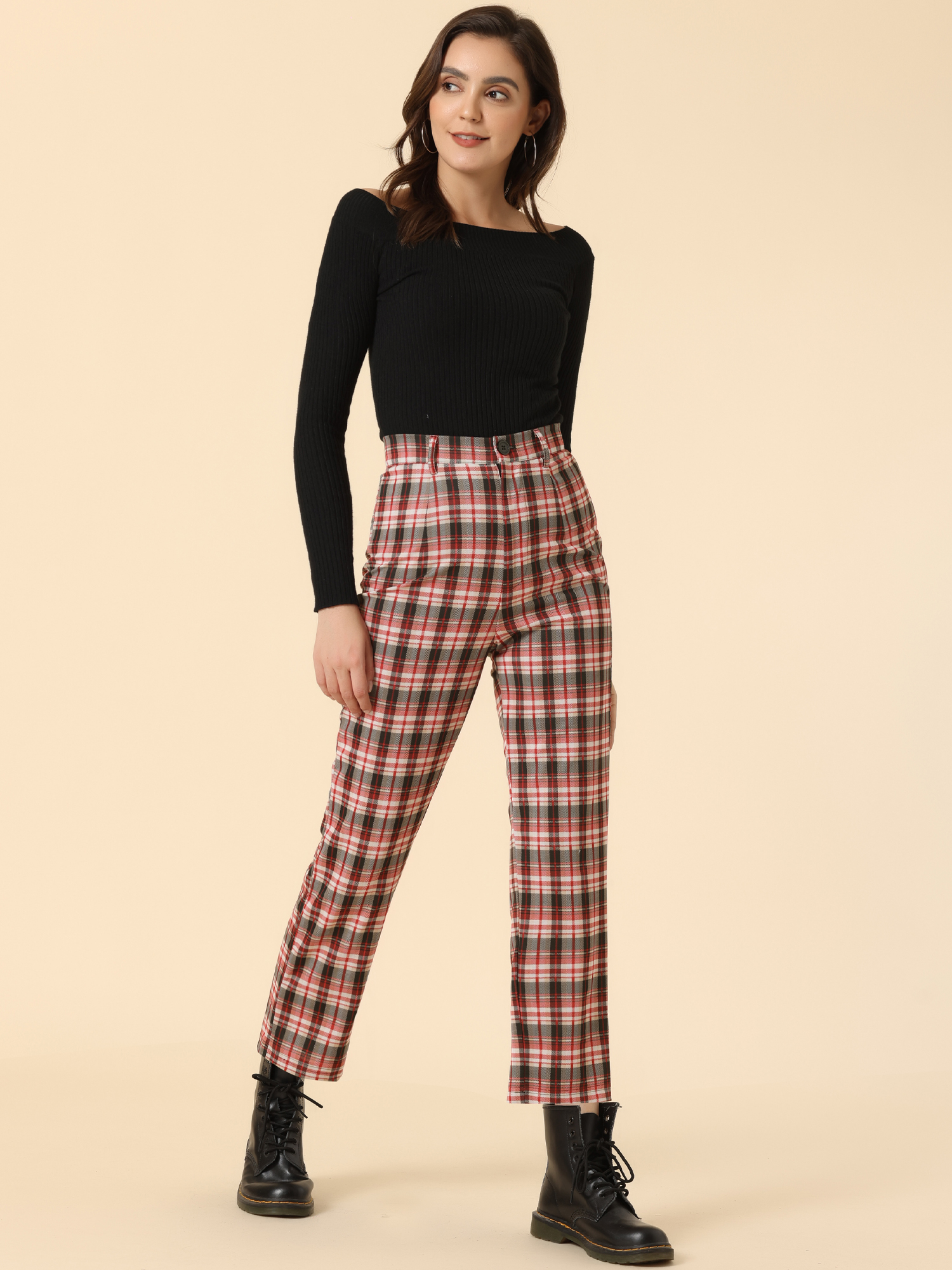 Plaid Cropped Trousers Button Casual Tartan Check Work Pants Red Black/S