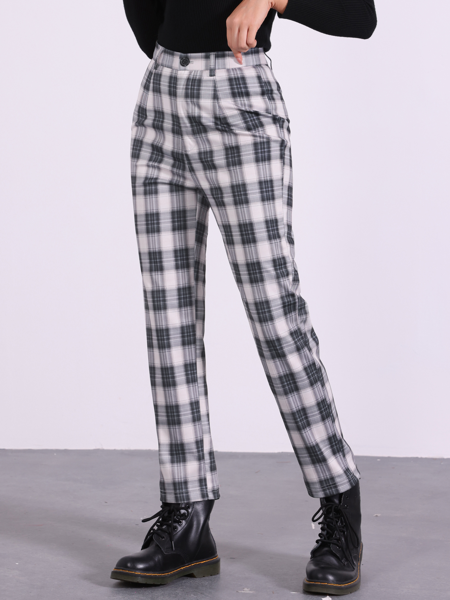 Plaid Cropped Trousers Button Casual Tartan Check Work Pants Black Beige/M