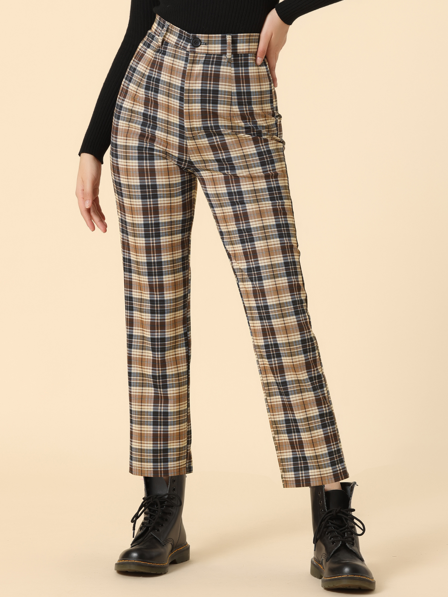 Plaid Cropped Trousers Button Casual Tartan Check Work Pants Dark Brown/XL