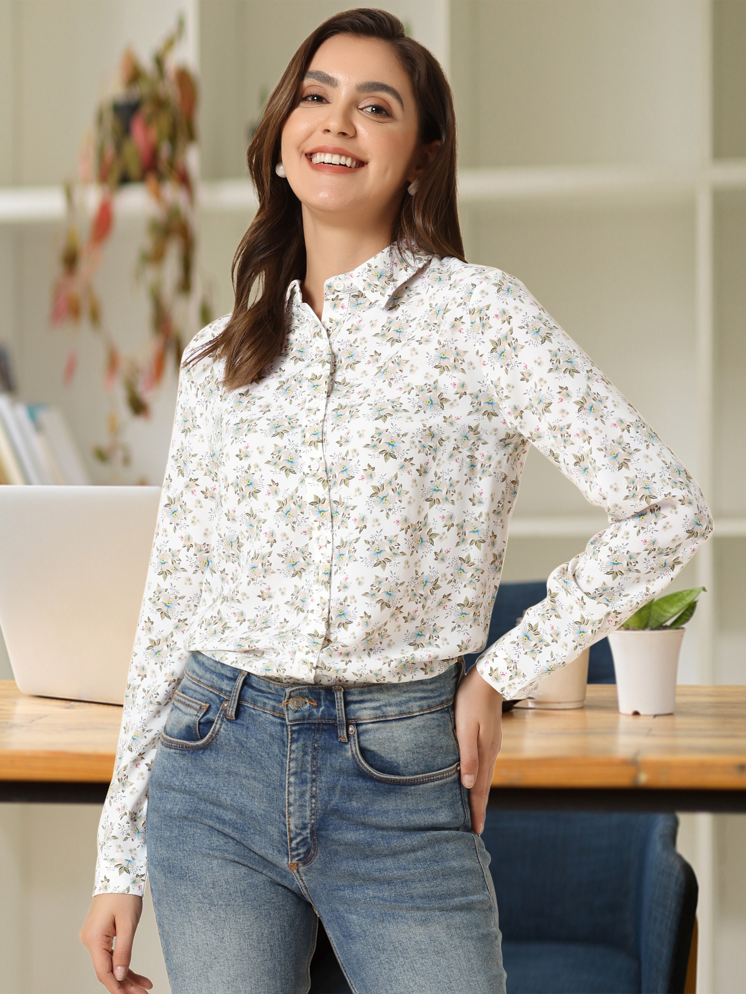 Button Down Floral Long Sleeve Point Collar Blouse White/XS