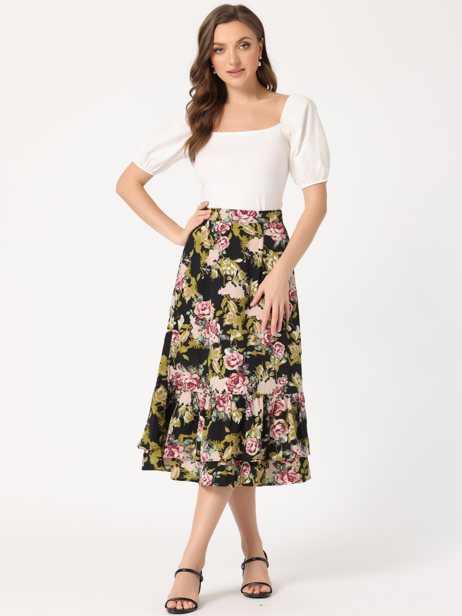 Printed Chiffon Elastic Waist Ruffle Tiered Flowy Midi Skirt Black Pink-Floral/XL