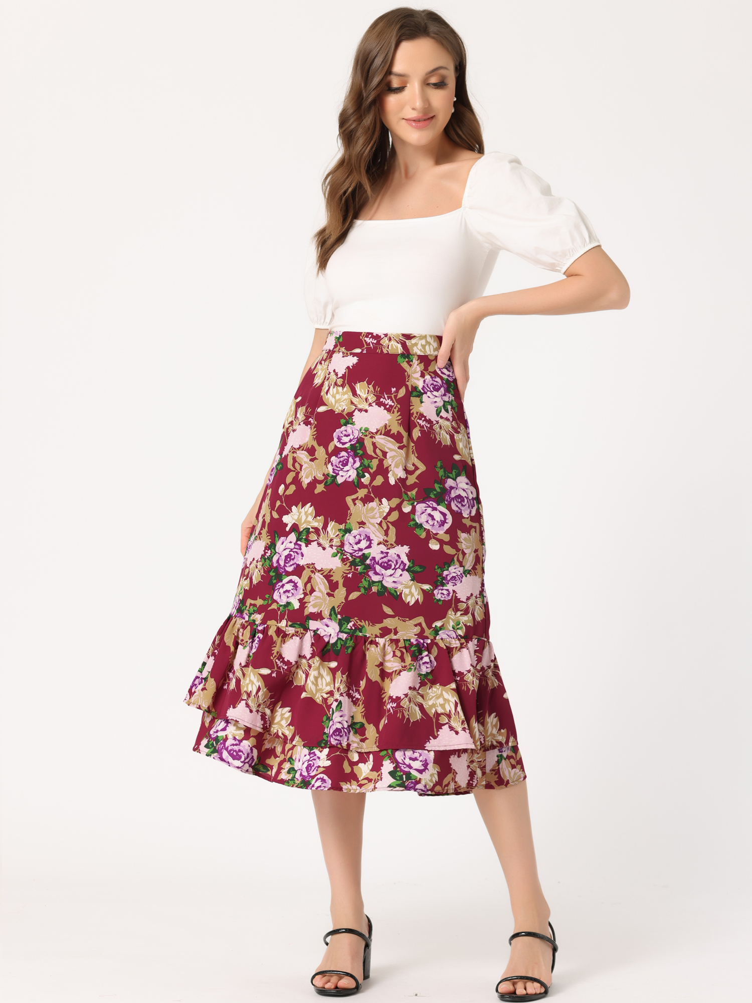 Printed Chiffon Elastic Waist Ruffle Tiered Flowy Midi Skirt Dark Red-Floral/M