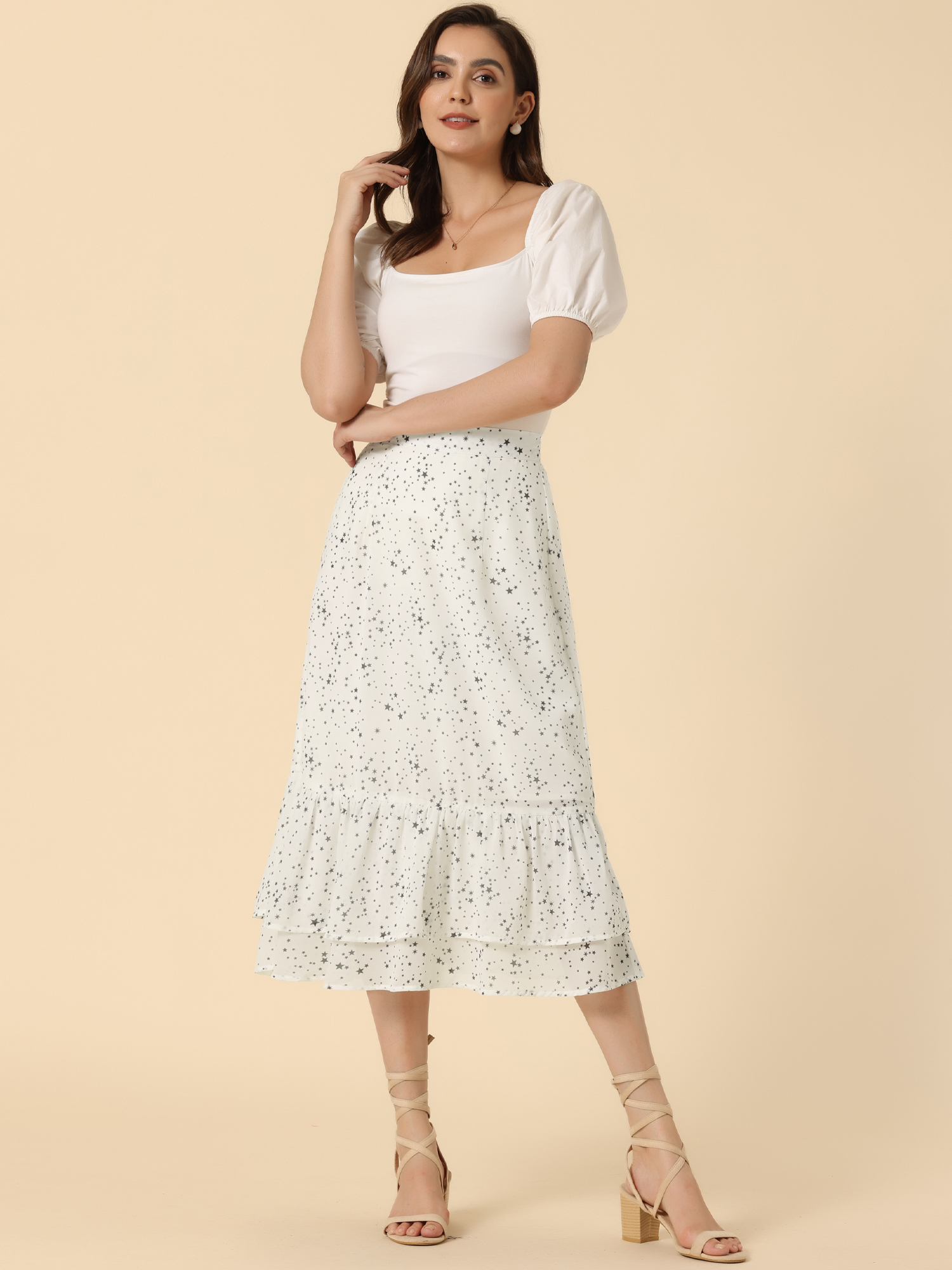 Printed Chiffon Elastic Waist Ruffle Tiered Flowy Midi Skirt White-Star/XS