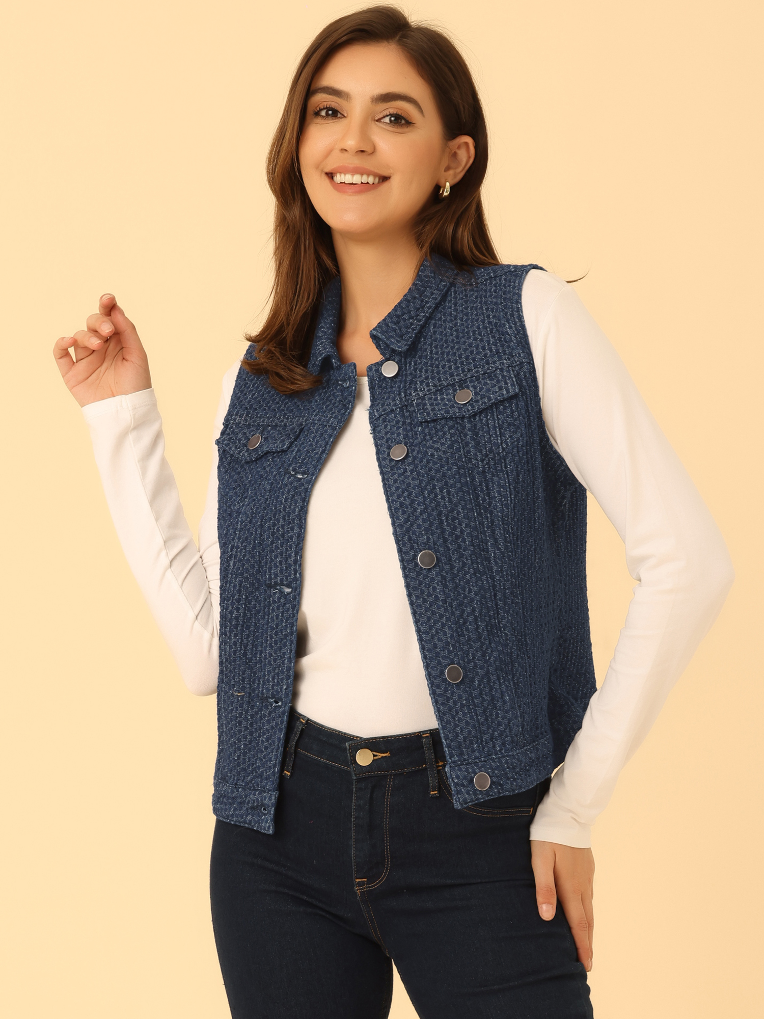 Flap Pocket Washed Buttoned Denim Jacket Vest Blue Texture/XS
