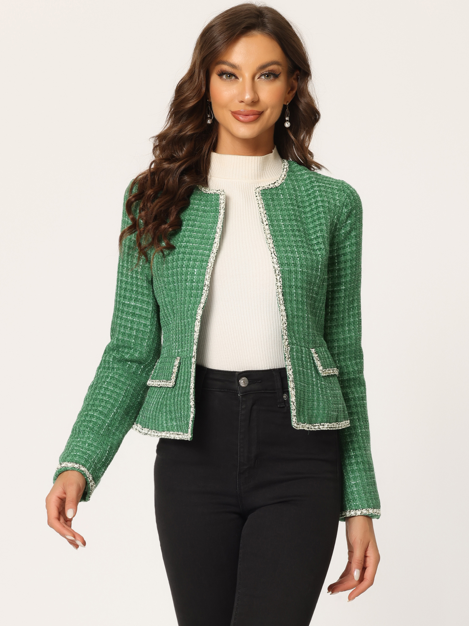 Plaid Tweed Long Sleeve Open Front Work Office Cropped Jacket Blazer Green/S