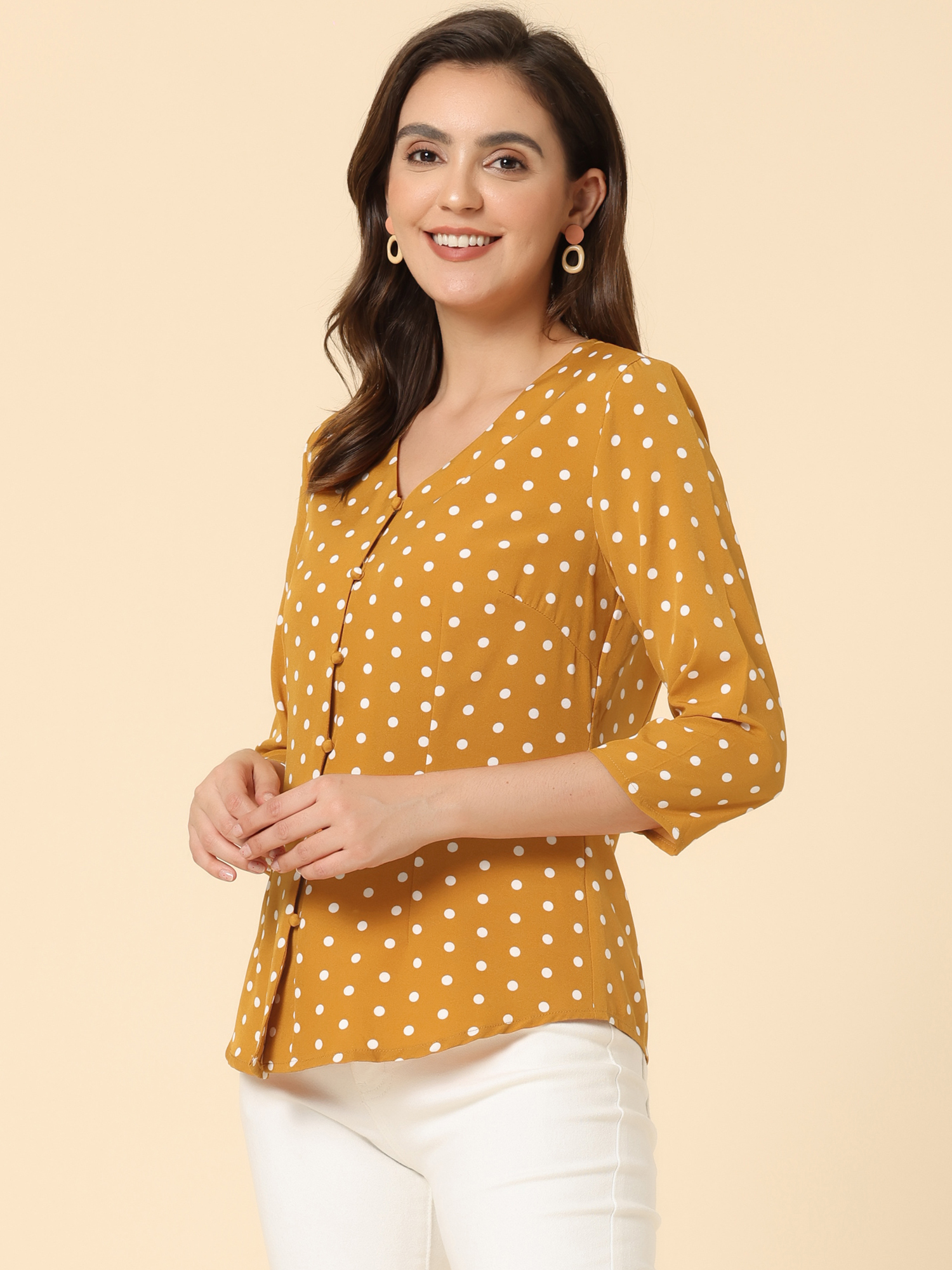 Polka Dots 3/4 Sleeve Button Front Vintage Office Blouse Top Yellow/M