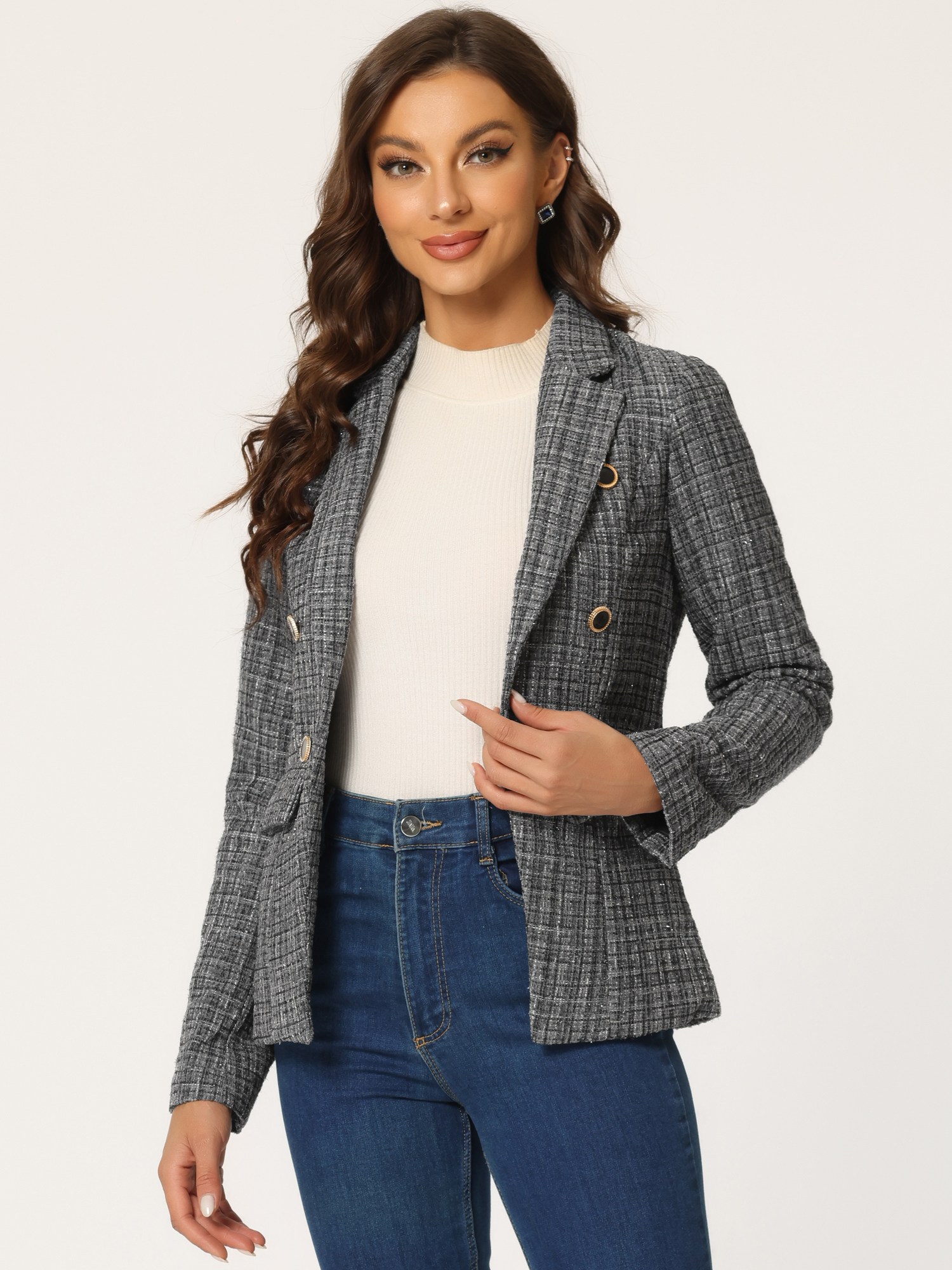 Tweed Plaid Long Sleeves Notched Lapel Open Front Blazer Jacket Gray/XS