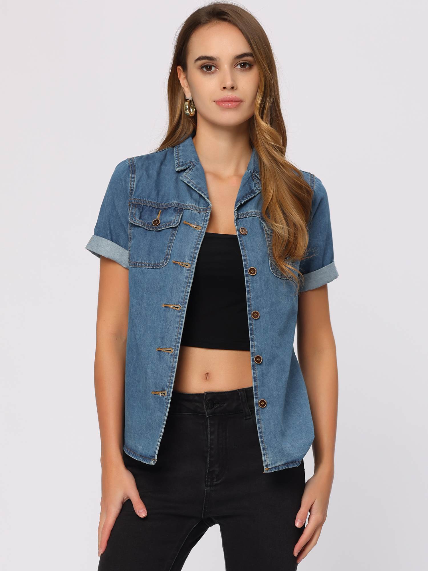 Button Up Collared Short Sleeve Pocket Classic Denim Shirt Blue/L