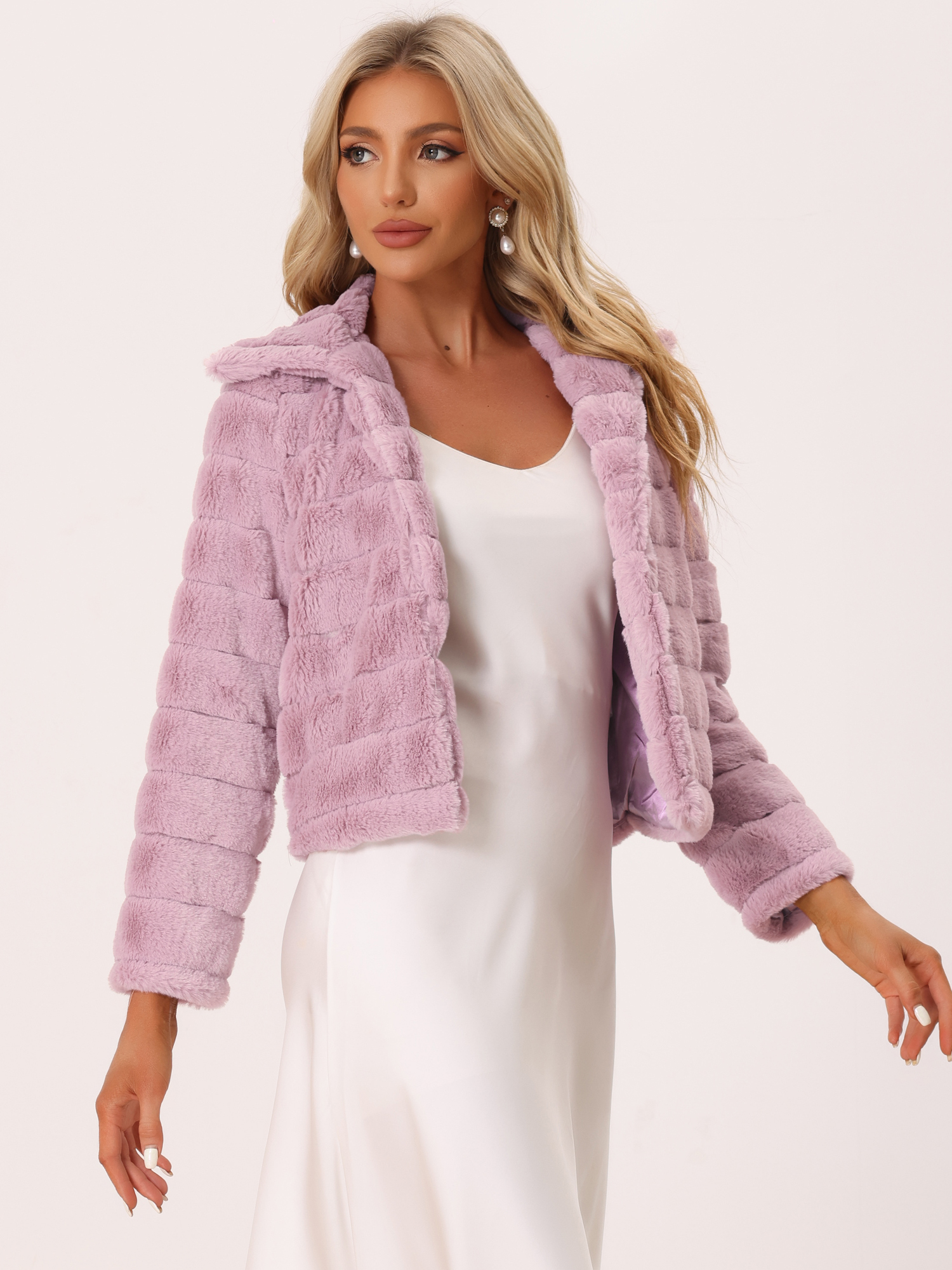 Fluffy Collar Warm Winter Cropped Faux Fur Coat Pink/M