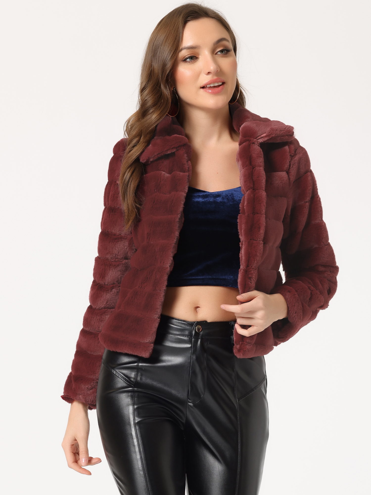 Fluffy Collar Warm Winter Cropped Faux Fur Coat Burgundy/XS