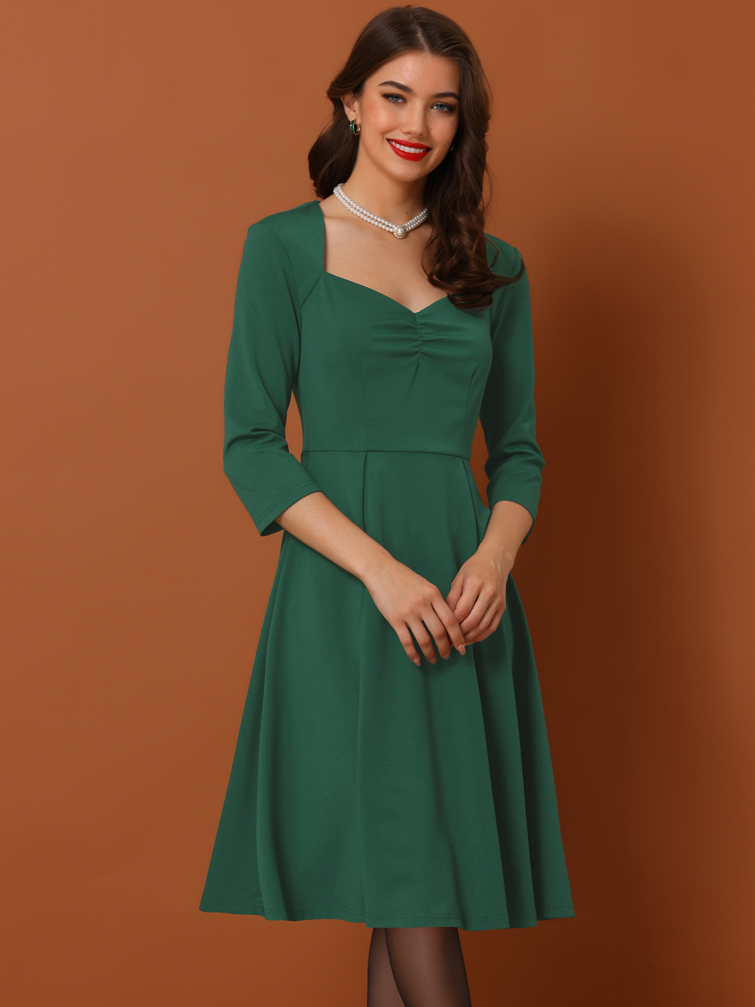 Retro Sweetheart Neck 1950s Retro Cocktail A-Line Dress Dark Green/L