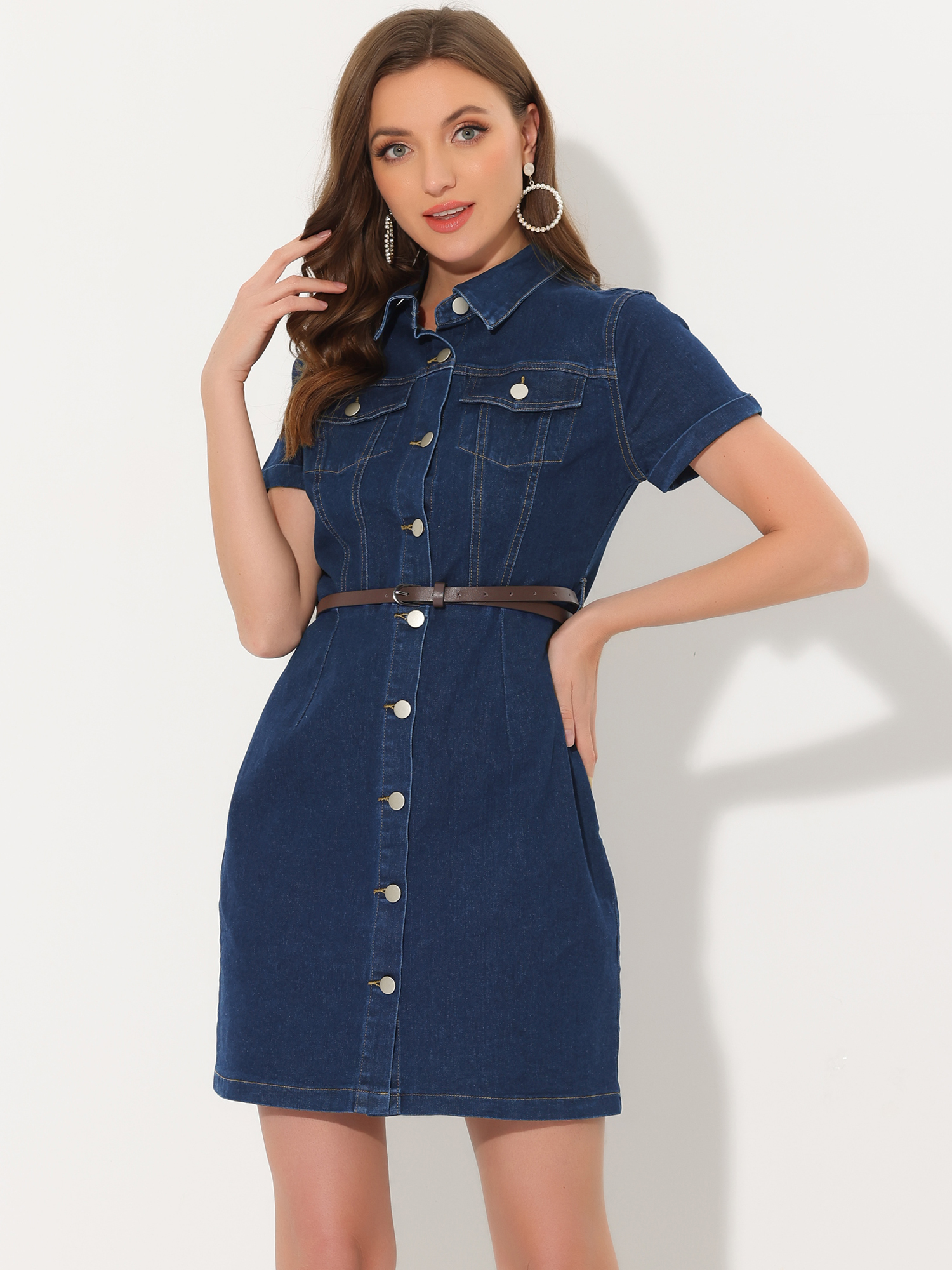 Denim Lapel Short Sleeve Belted Button Up Shirt Dress Dark Blue/L