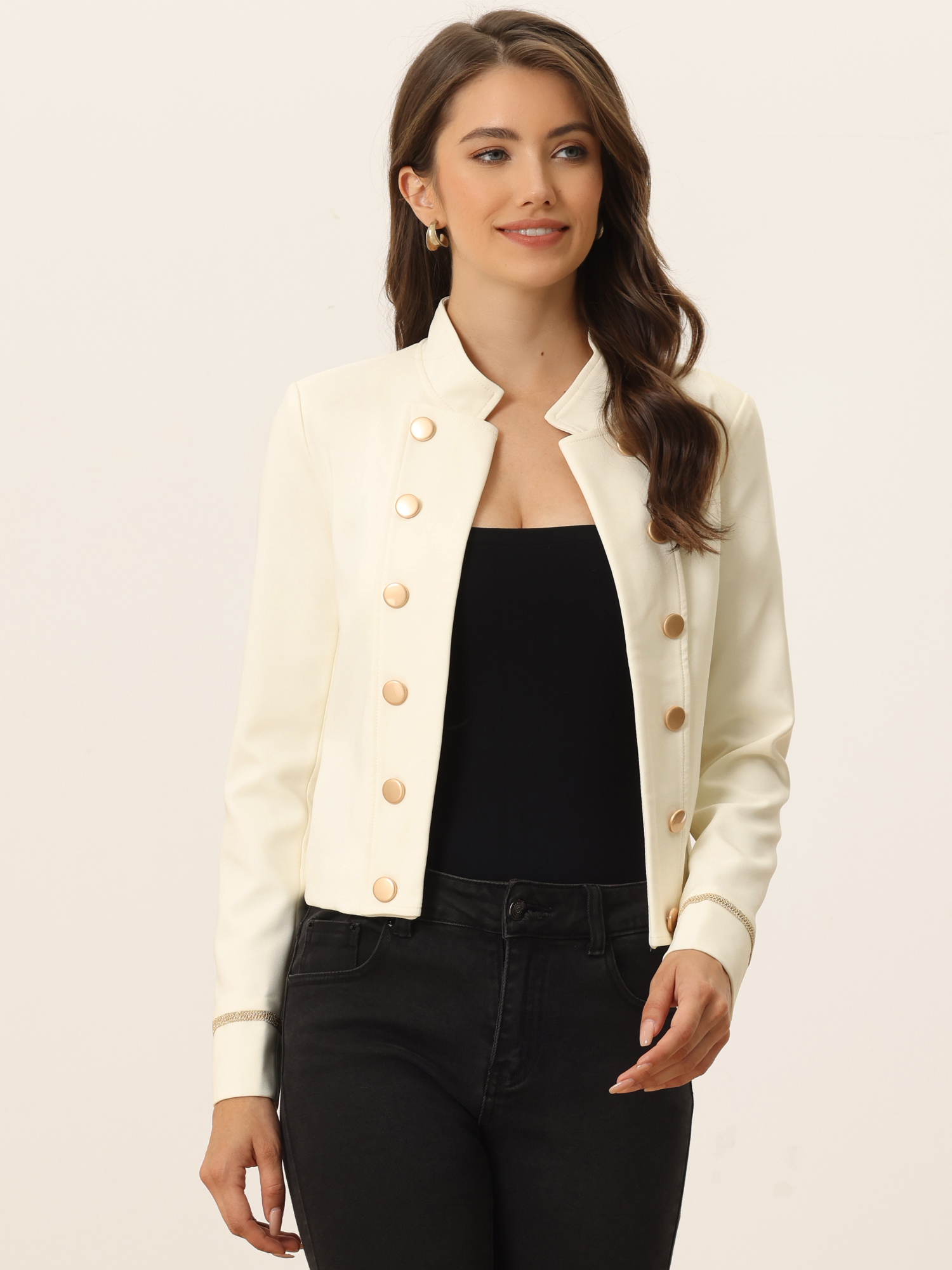 Vintage Steampunk Open Front Button Decor Cropped Jacket Beige/XS