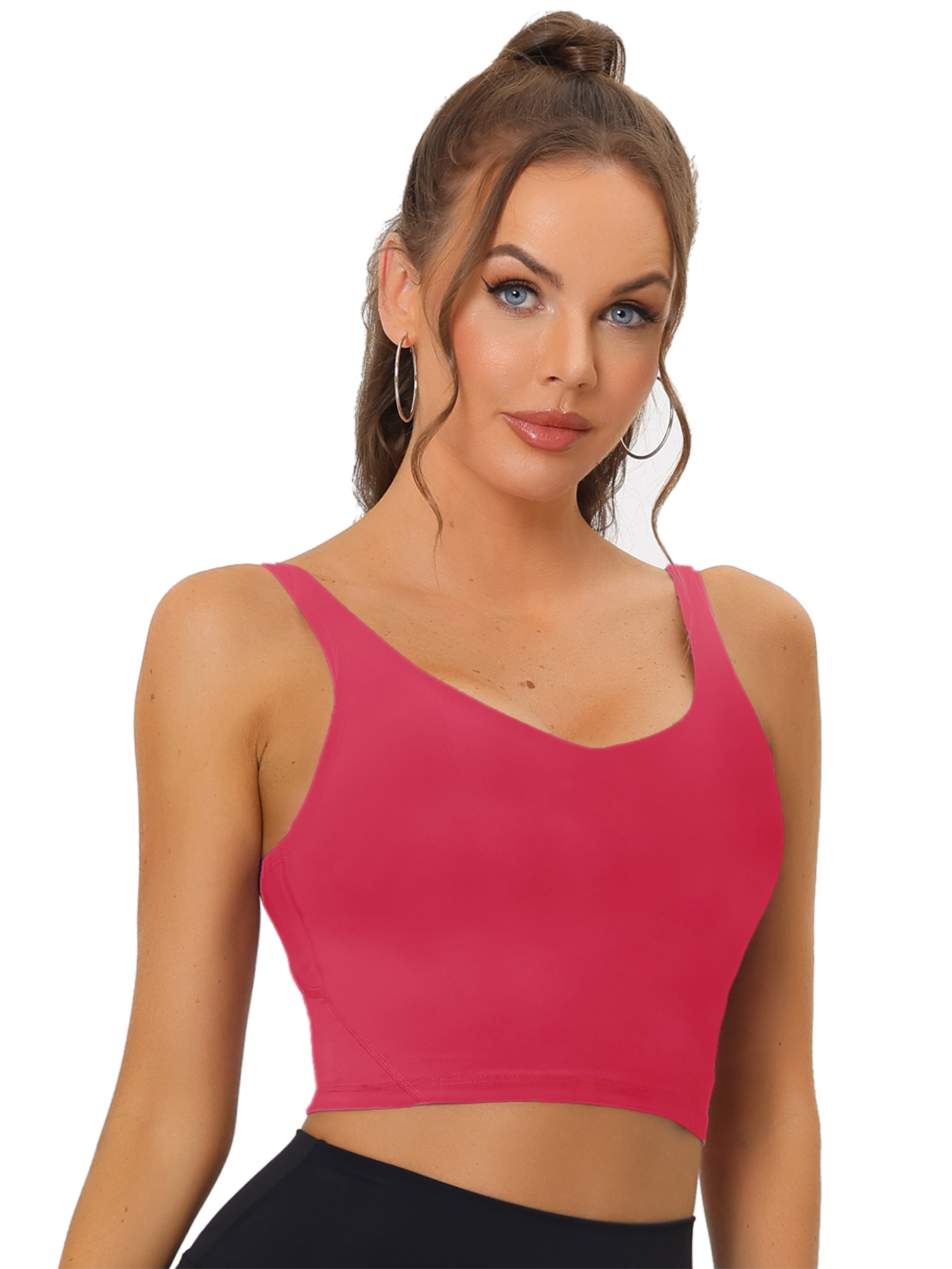 Women's Sports Bra Workout Fitness Longline Wireless Padded Yoga Tank Tops with Medium Support Rose Red/M