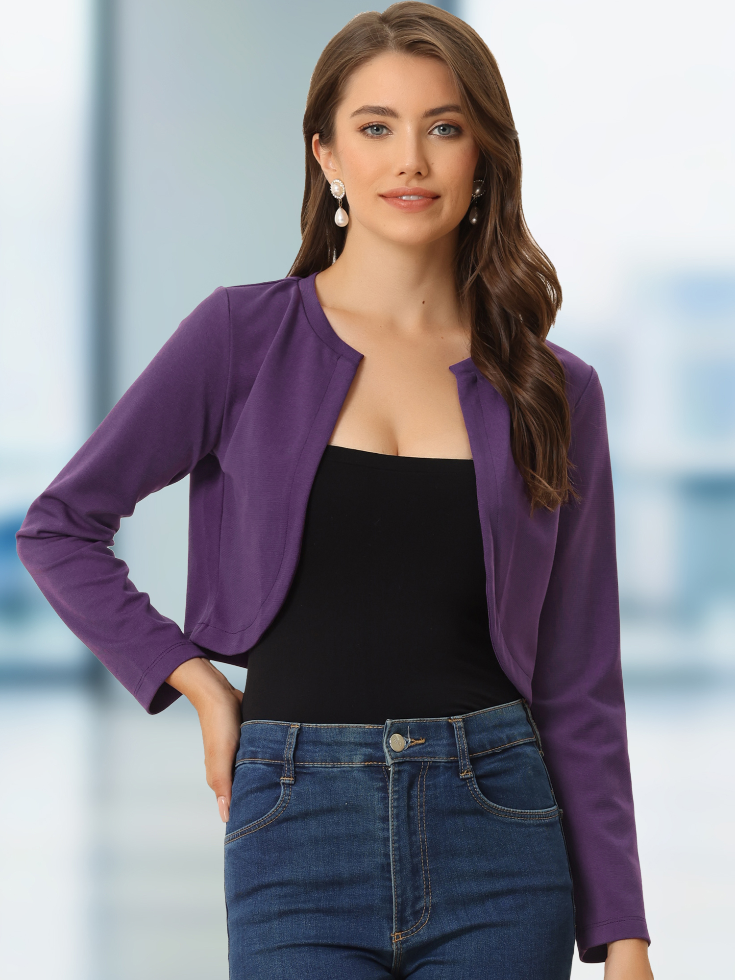 Curved Hem Long Sleeves Open Front Cropped Jacket Bolero Shrug Deep Purple/XL