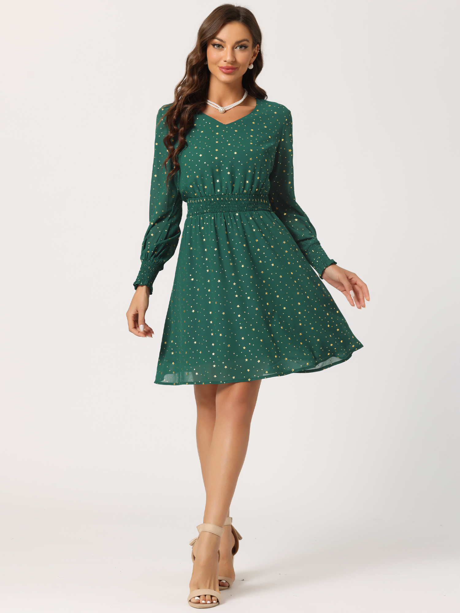 Chiffon V-Neck Smocked Waist Party Metallic Stars Short Dress Dark Green/L