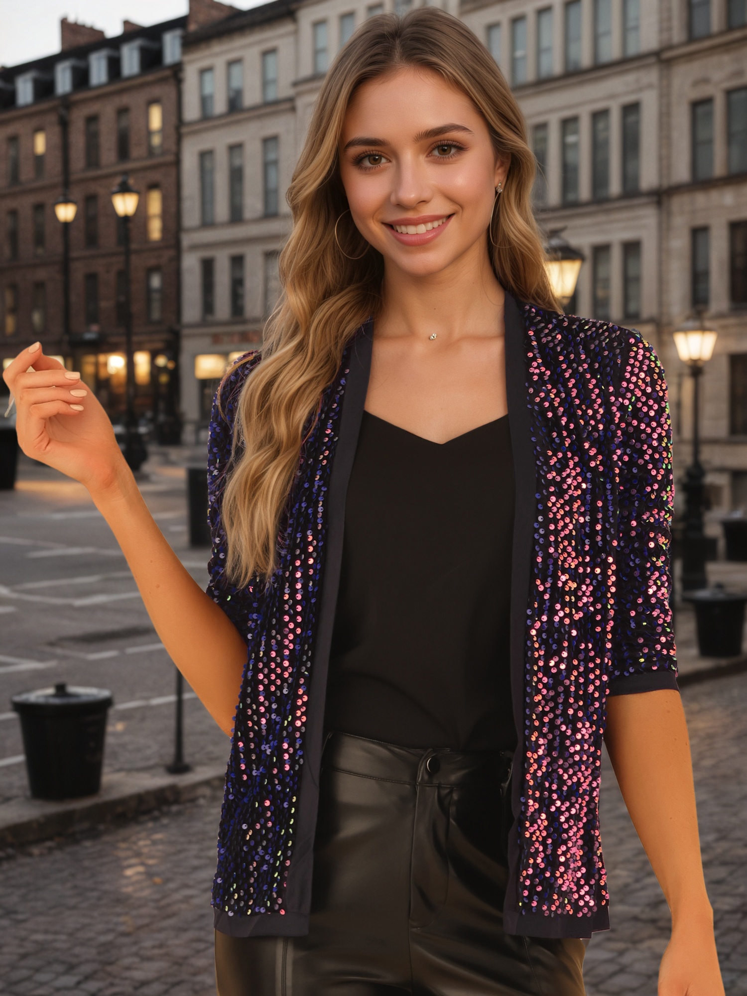 Sequin Open Front Collarless 3/4 Sleeve Velvet Jacket Blue Purple/S