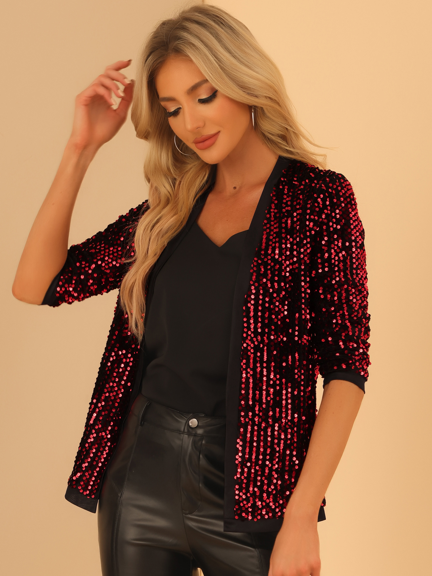 Sequin Open Front Collarless 3/4 Sleeve Velvet Jacket Dark Red/XS