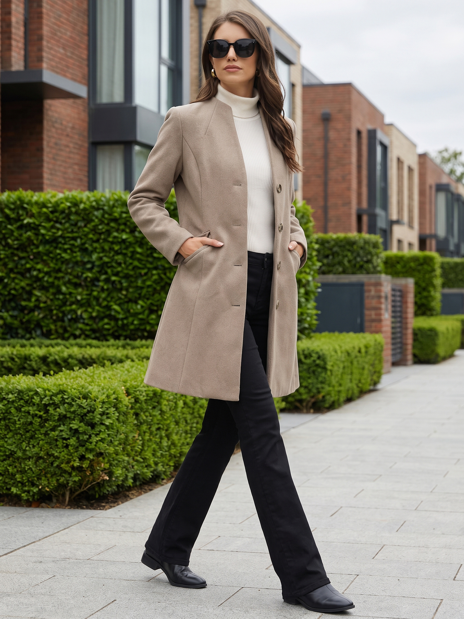 Elegant Winter Overcoat V Neck Single Breasted Long Coat Brown/L