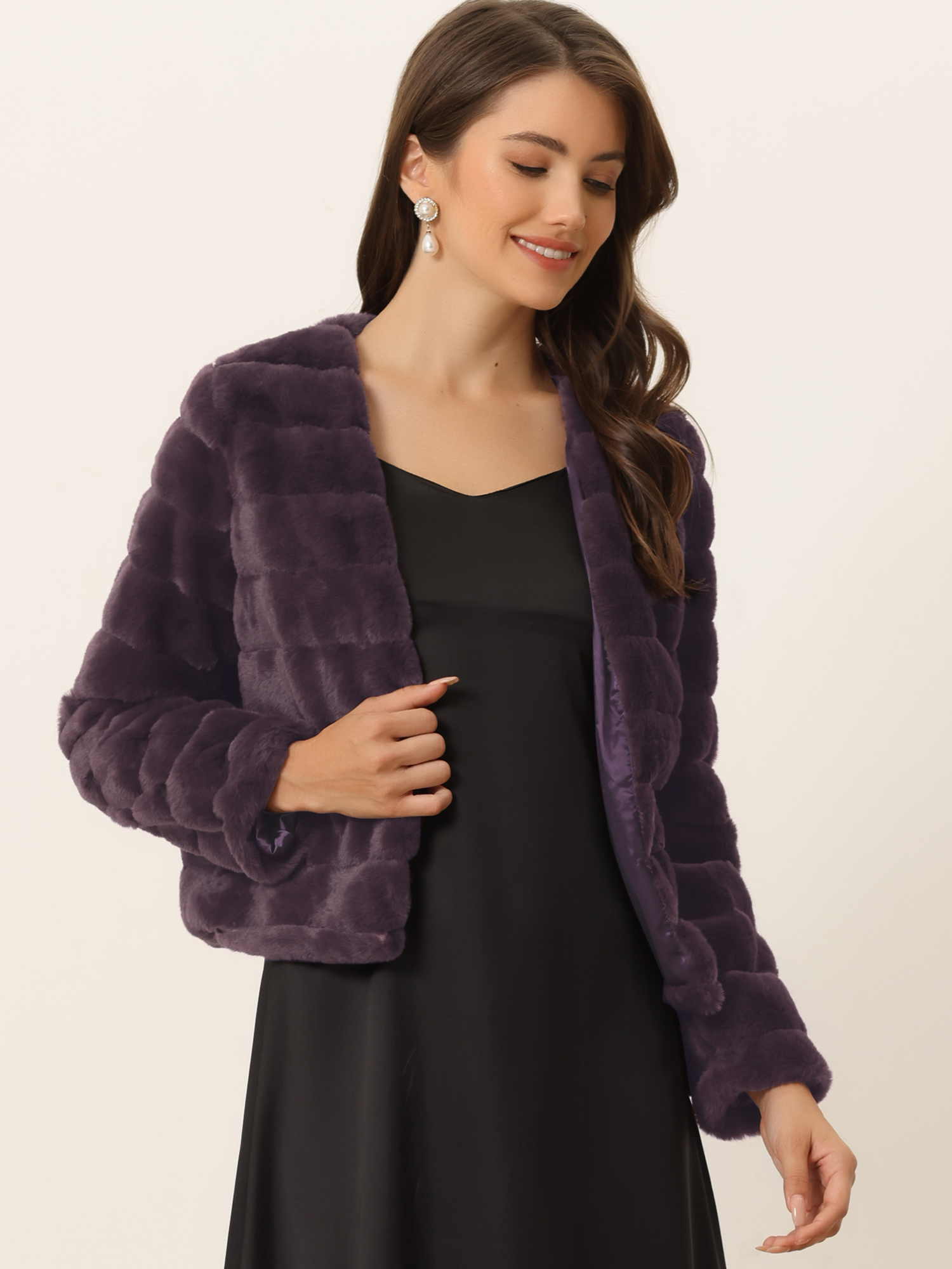 Winter Warm Cropped Collarless Faux Fur Fluffy Jacket Dark Purple/S